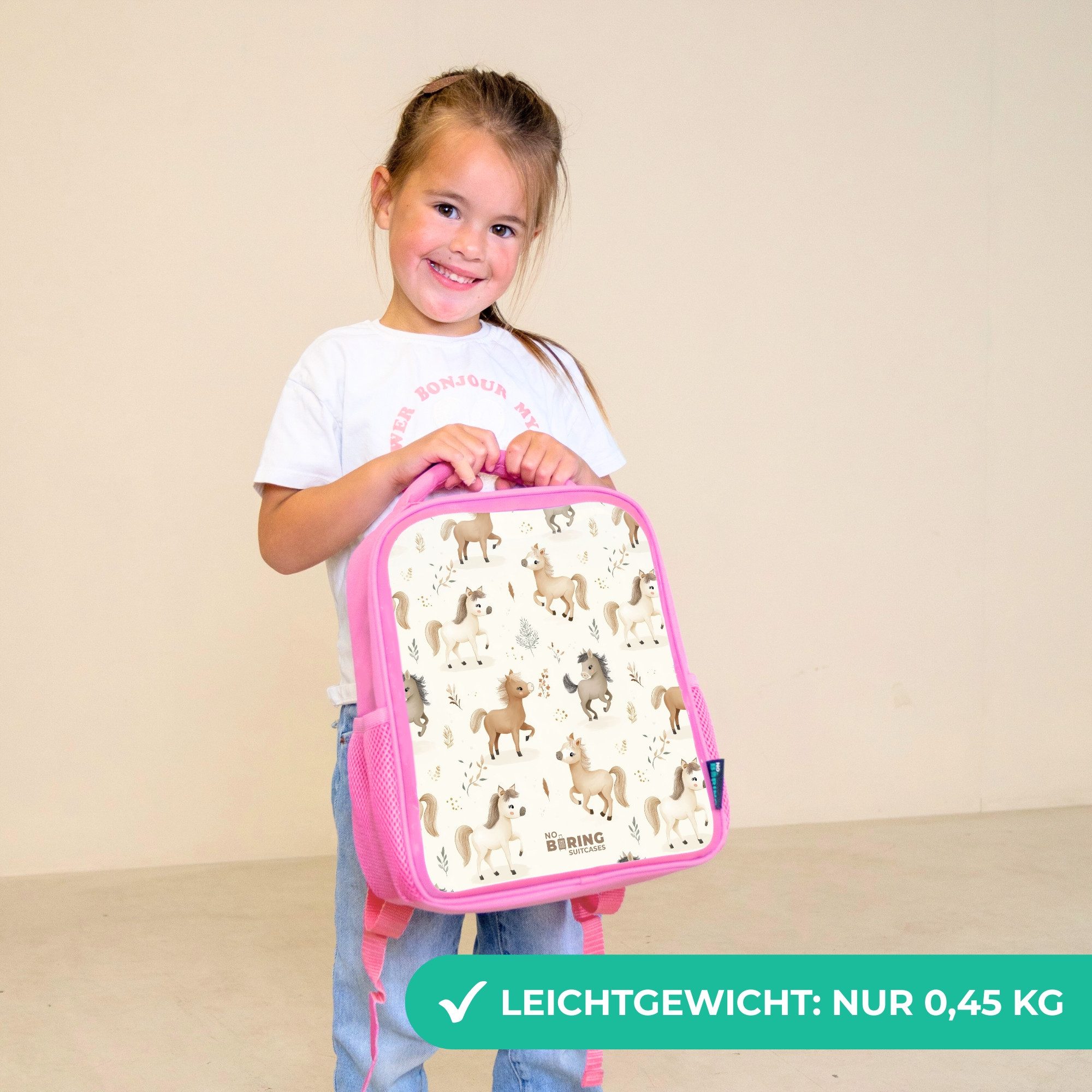 NoBoringSuitcases.com© Rucksack Rosa - Muster der Fohlen in den Farben beige und braun, Kinderrucksack, Schulrucksack, Freizeitrucksack, Mädchen, Kindergarten