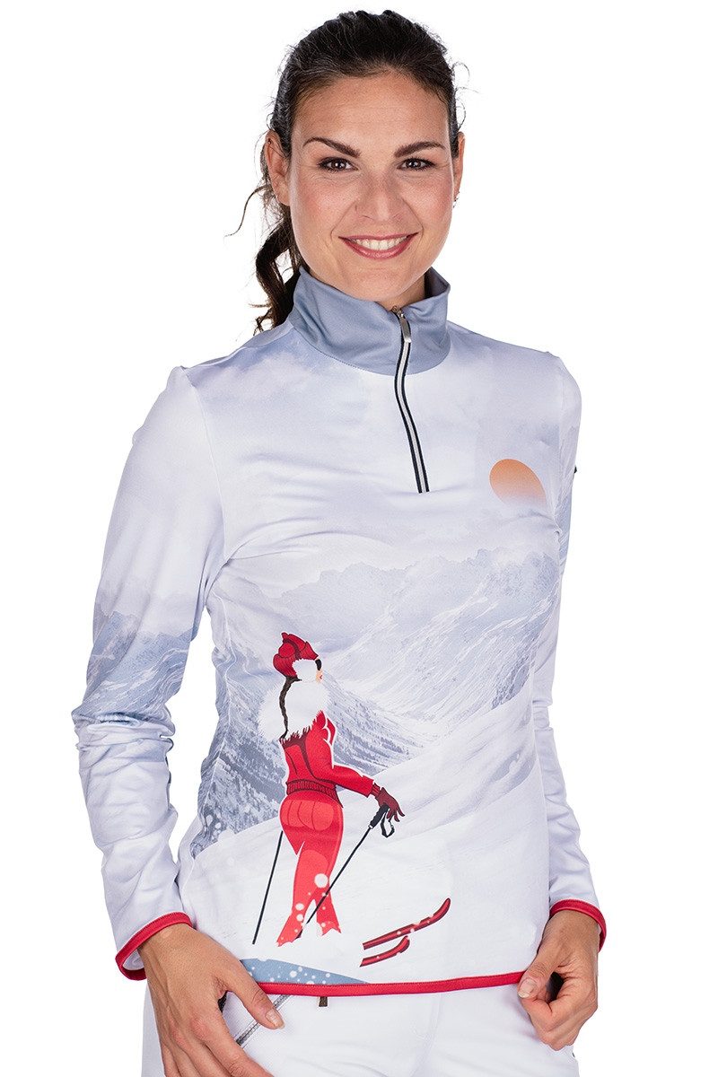 Almgwand Rundhalspullover Funktionsshirt Ski Damen - UNTERWANDALM - weiß/rot