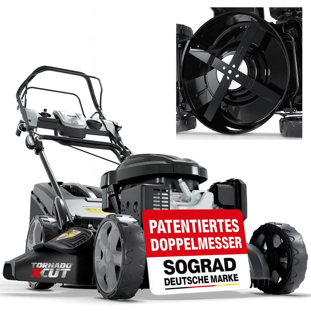Onbest Benzinrasenmäher 5in1 mit Radantrieb Elektrostart Tornado X-Cut, 53.00 cm Schnittbreite, 6,5PS, Doppelmesser mit Sograd