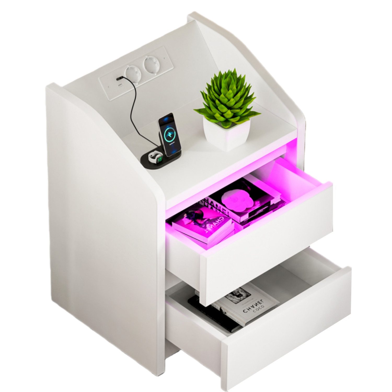 oyajia Nachttisch mit LED-Licht - Beistelltisch und Ladestation (LED-Beleuchtung-Steuerbar per Fernbedienung oder App), mit 2 AC, 1 USB & 1 Type-C Anschlüsse