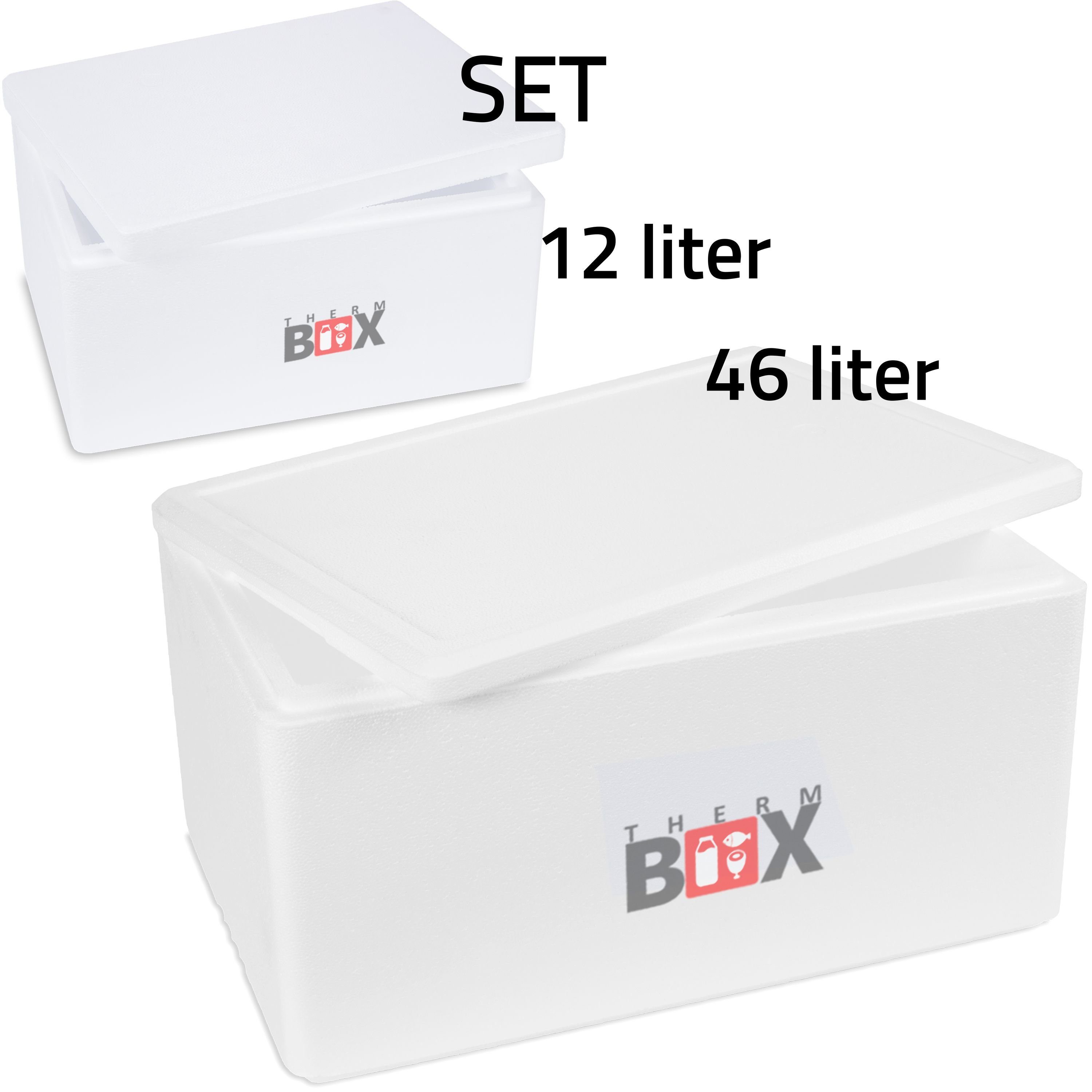 Styropor-Verdichtet, im Isolierbox 2 mit Boxen 2-tlg., Getränke (1, Set THERM-BOX Thermobehälter 46L für Deckel Essen Thermobox & Thermobox Kühlbox Karton), & Wiederverwendbar Warmhaltebox, 12L Styroporbox