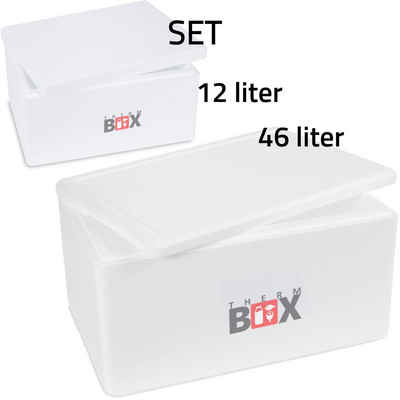 THERM-BOX Thermobehälter Styroporbox Set 46L & 12L Wiederverwendbar Warmhaltebox, Styropor-Verdichtet, (1, 2-tlg., 2 Boxen mit Deckel im Karton), Thermobox für Essen & Getränke Isolierbox Thermobox Kühlbox