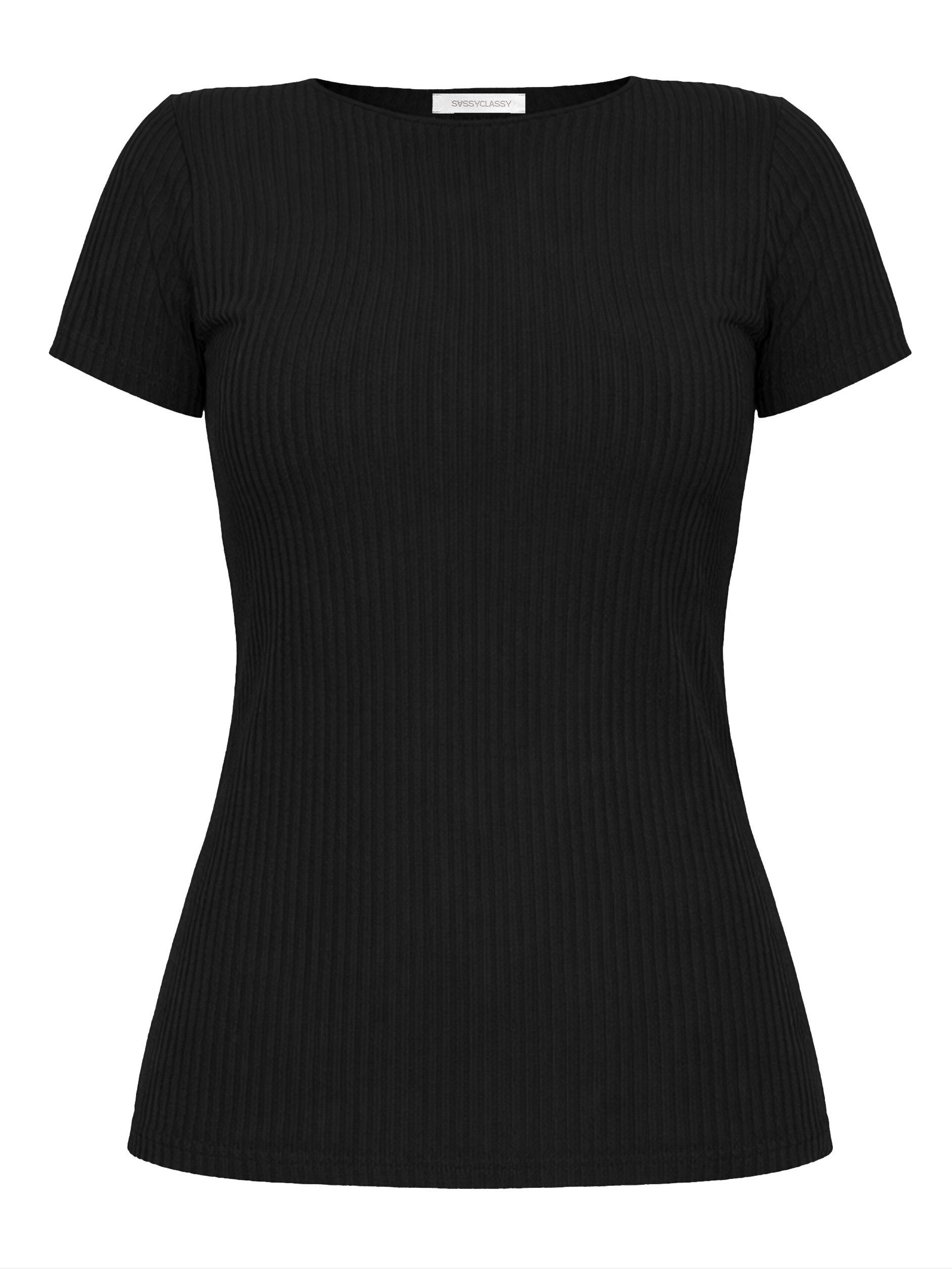 SASSYCLASSY T-Shirt Kurzarmshirt in geripptem Jersey für Damen Schlichtes T-Shirt mit Rundhalsuasschnitt in körpernahem Schnitt
