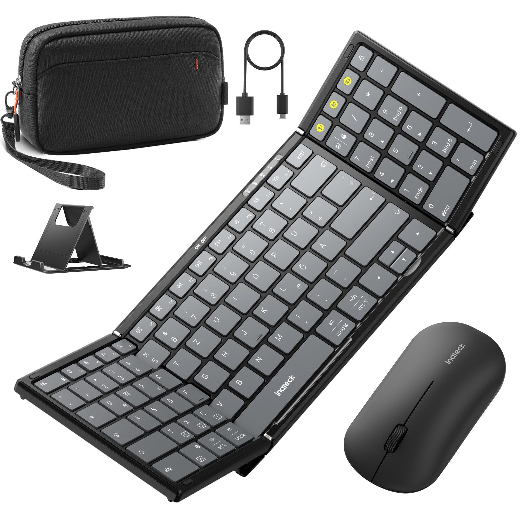 Inateck Faltbare Kabellos Klappbare Tastatur mit Ziffernblock mit 3 Kanälen Tastatur- und Maus-Set, mit Ständer und Zubehör Tasche