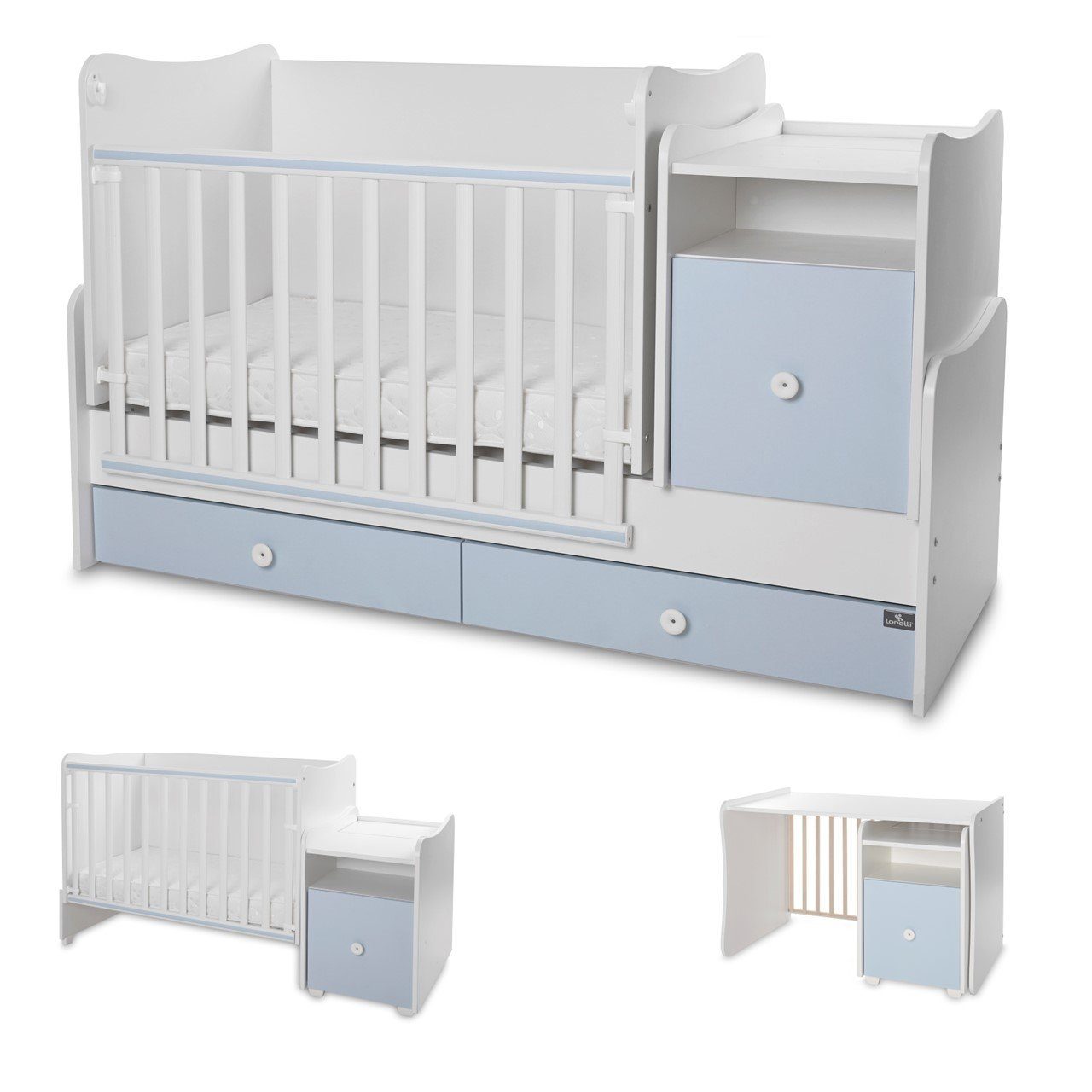 Lorelli Komplettbett Babybett Trend Plus NEW 4 in 1, Schaukelfunktion Jugendbett Schreibtisch