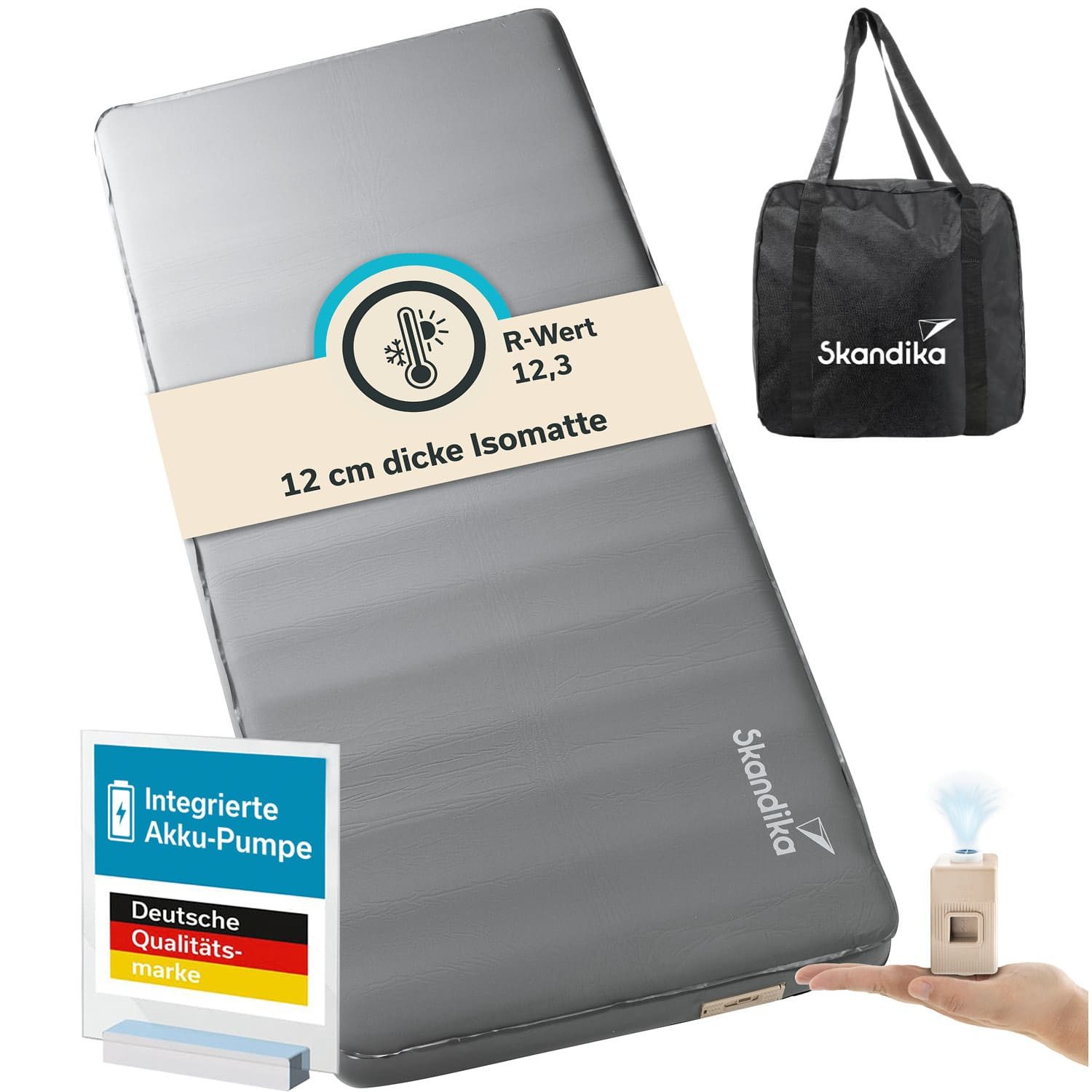 Skandika Luftmatratze Easy 3D Premium Flex, 1 Person, inklusive USB-Pumpe, Schaumstoff, Integrierte Pumpe, abnehmbar, wiederaufladbar, R-Wert: 12,3