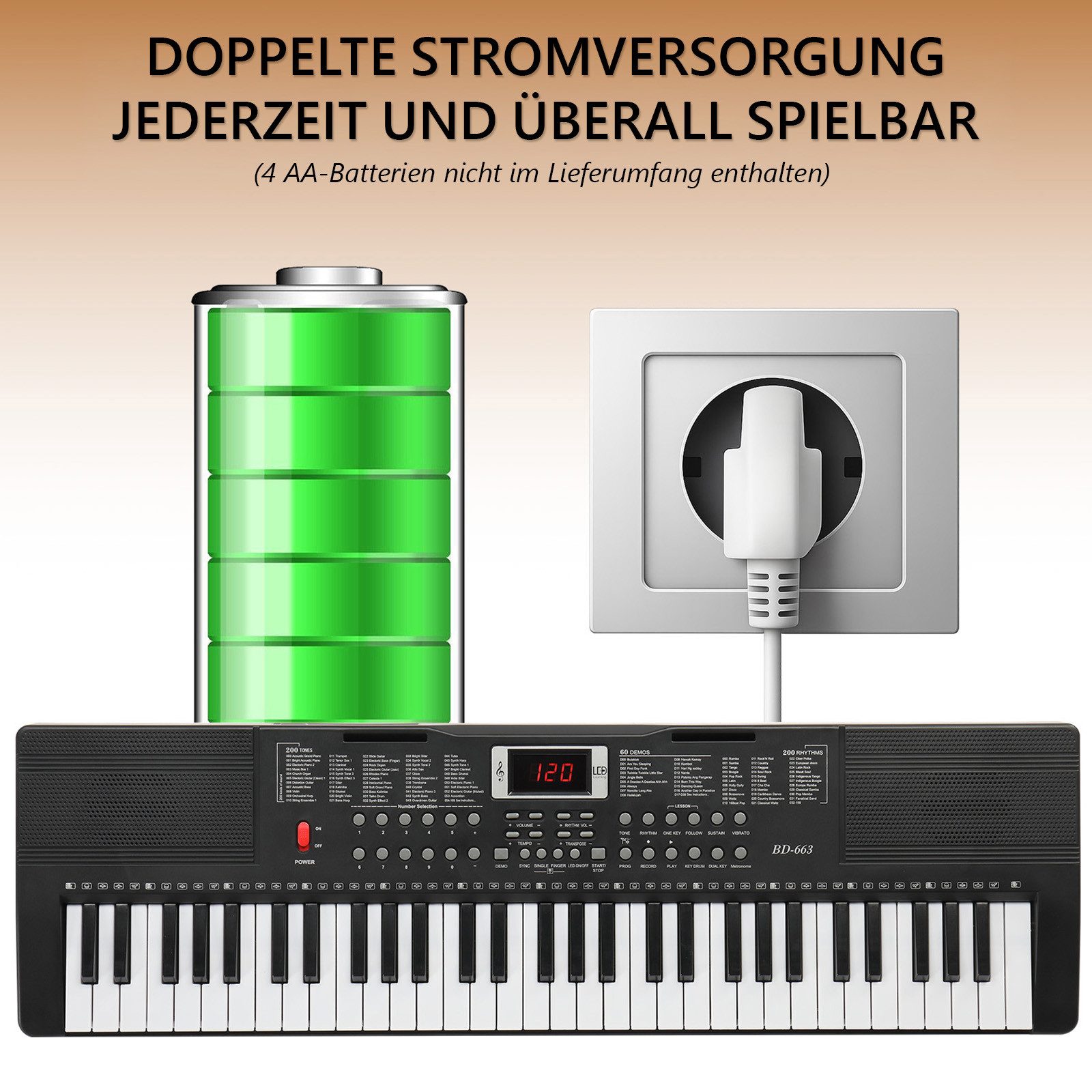 VINGLI Digitalpiano 61-Tasten Keyboard Piano Set mit Klavierständer, Klavierhocker, tragbar, LED-Bildschirm, 3 Lehrmodi, Schwarz/Weiß/Rosa – Bild 4 von 5