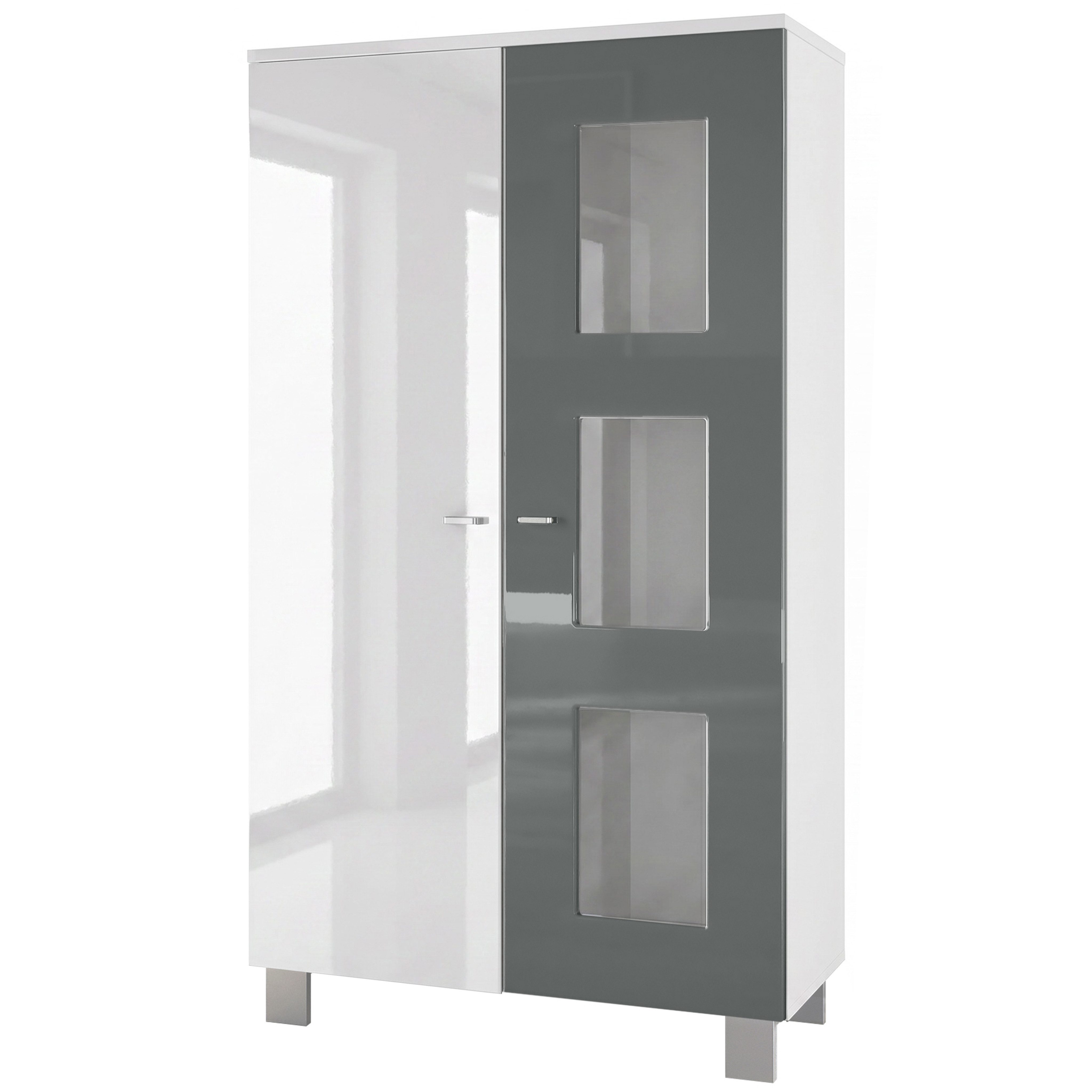 Vladon Standvitrine Denjo (Standvitrine, mit 2 Türen und 3 Glaseinsätzen) Weiß matt/ Weiß Hochglanz/ Grau Hochglanz (71 x 129 x 35 cm)