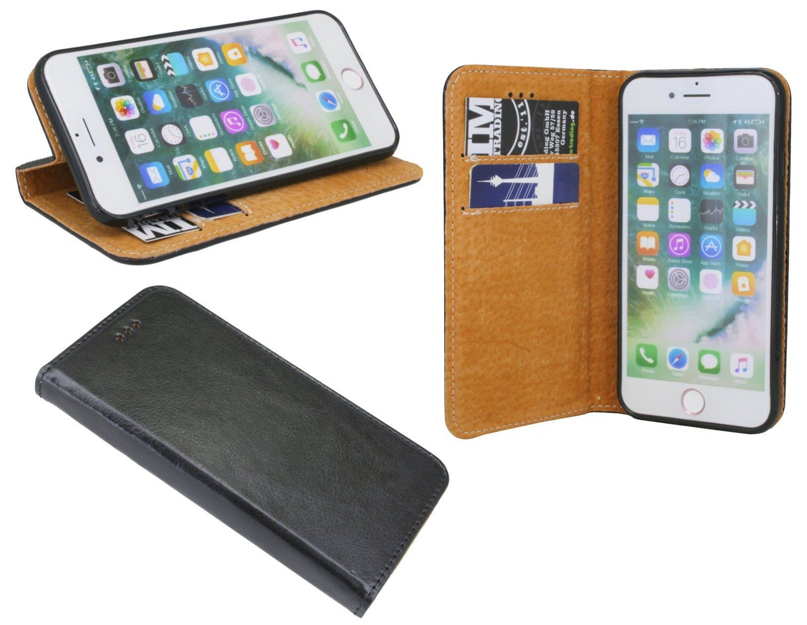 cofi1453 Smartphone-Hülle Elegante ECHT Leder Buch-Tasche Hülle in Schwarz Wallet