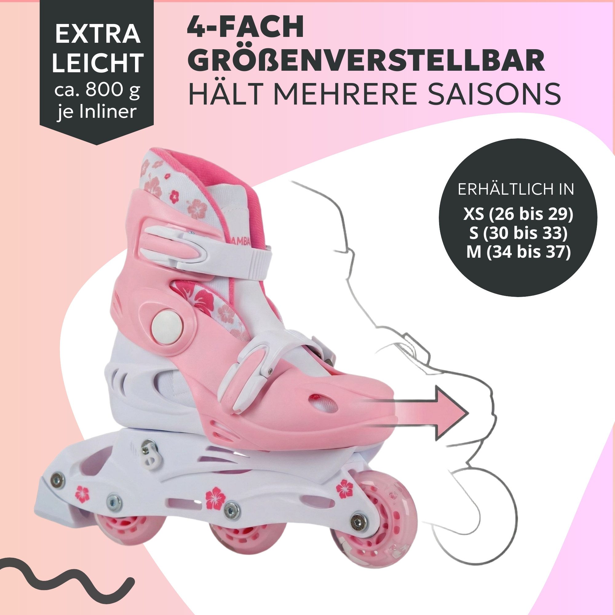 JAMBACH Inlineskates, verstellbare Größe blinkende Rolle Einsteiger Set