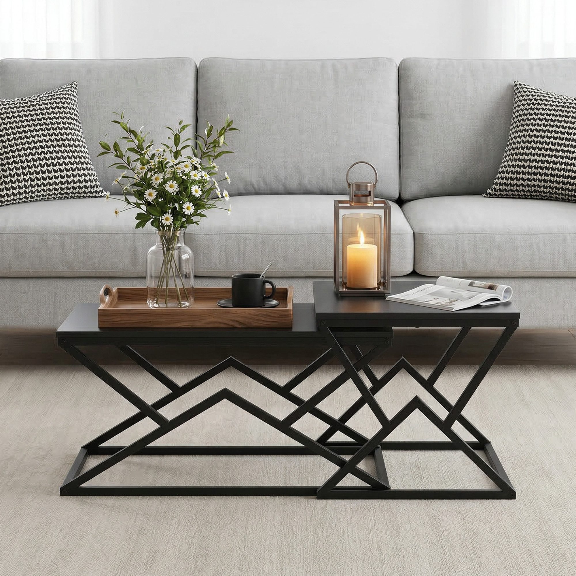 MODFU Couchtisch moderner geometrischer (schwarzer Industrial-Stil mit Holzplatte und stabilem Metallgestell als Beistelltisch und Cocktailtisch für Wohnzimmer, 1-St)
