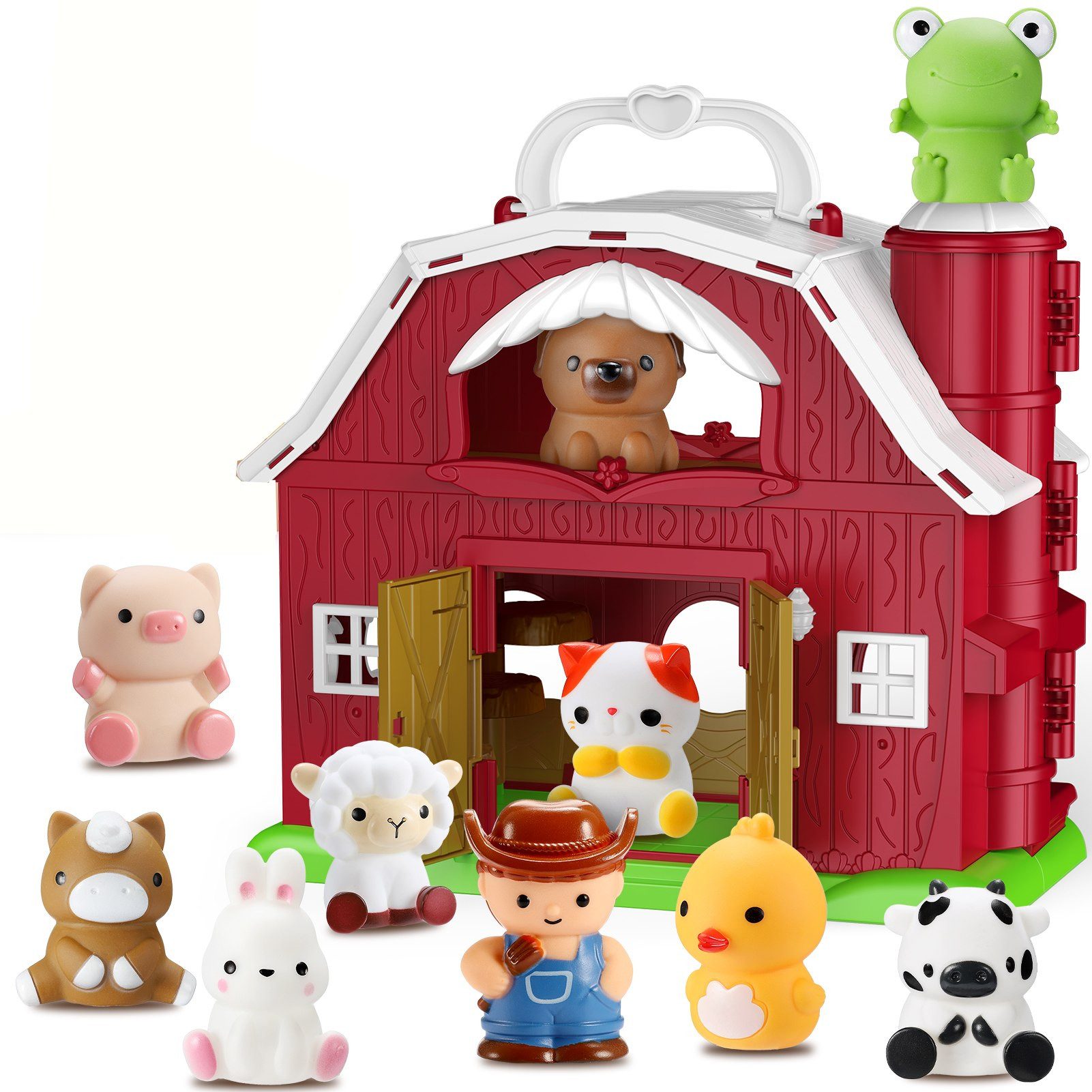 Wootoy Lernspielzeug Spielhaus Bauernhof Spielwelt Figurenset Tierbauernhof für Kinder (mit großer Scheune Bauernfigur und 9 detailreichen Tierfiguren, 11-St., Tierfiguren mit Fingerpuppen-Funktion), Klappbares Design mit Tragegriff für einfaches Verstaue
