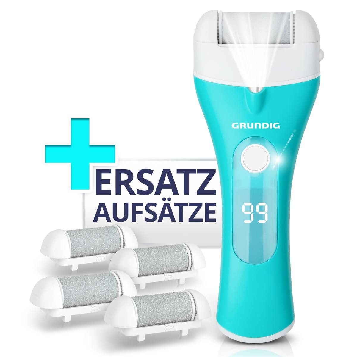 Grundig Elektrischer Hornhautentferner Hornhautentferner Premium Akku Hornhaut Entferner + Ersatzrollen, Premium Akku Hornhaut Entferner mit 4 Ersatzköpfen