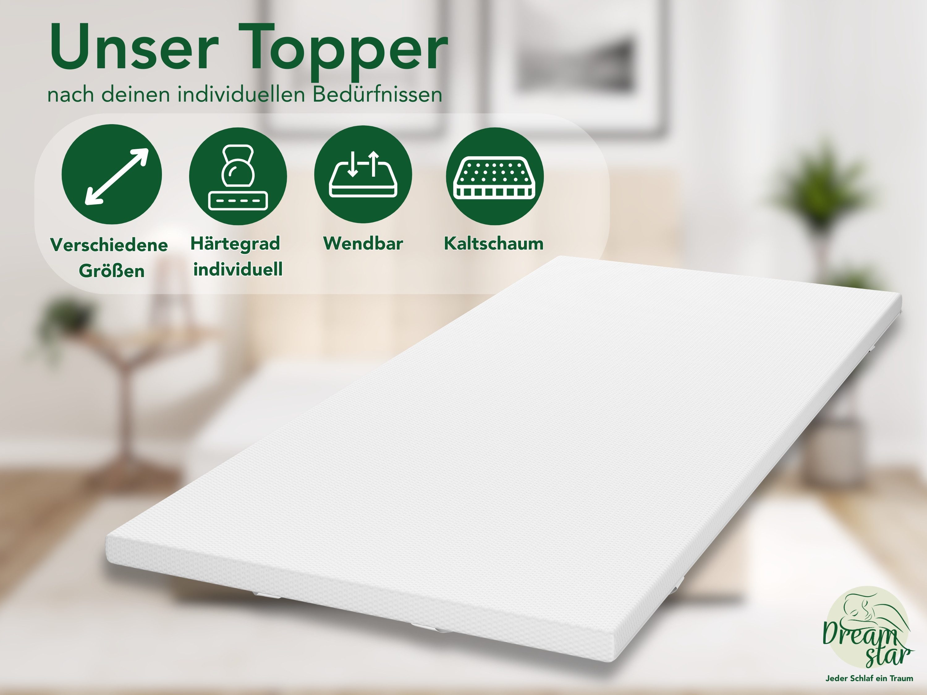 Dreamstar, Topper Easy Dream, ergonomischer Matratzentopper, Kaltschaum - H2/H3/H4/H5, 5 cm hoch, Kaltschaum, rutschfest, Bezug waschbar - für Matratzen und Boxspringbetten