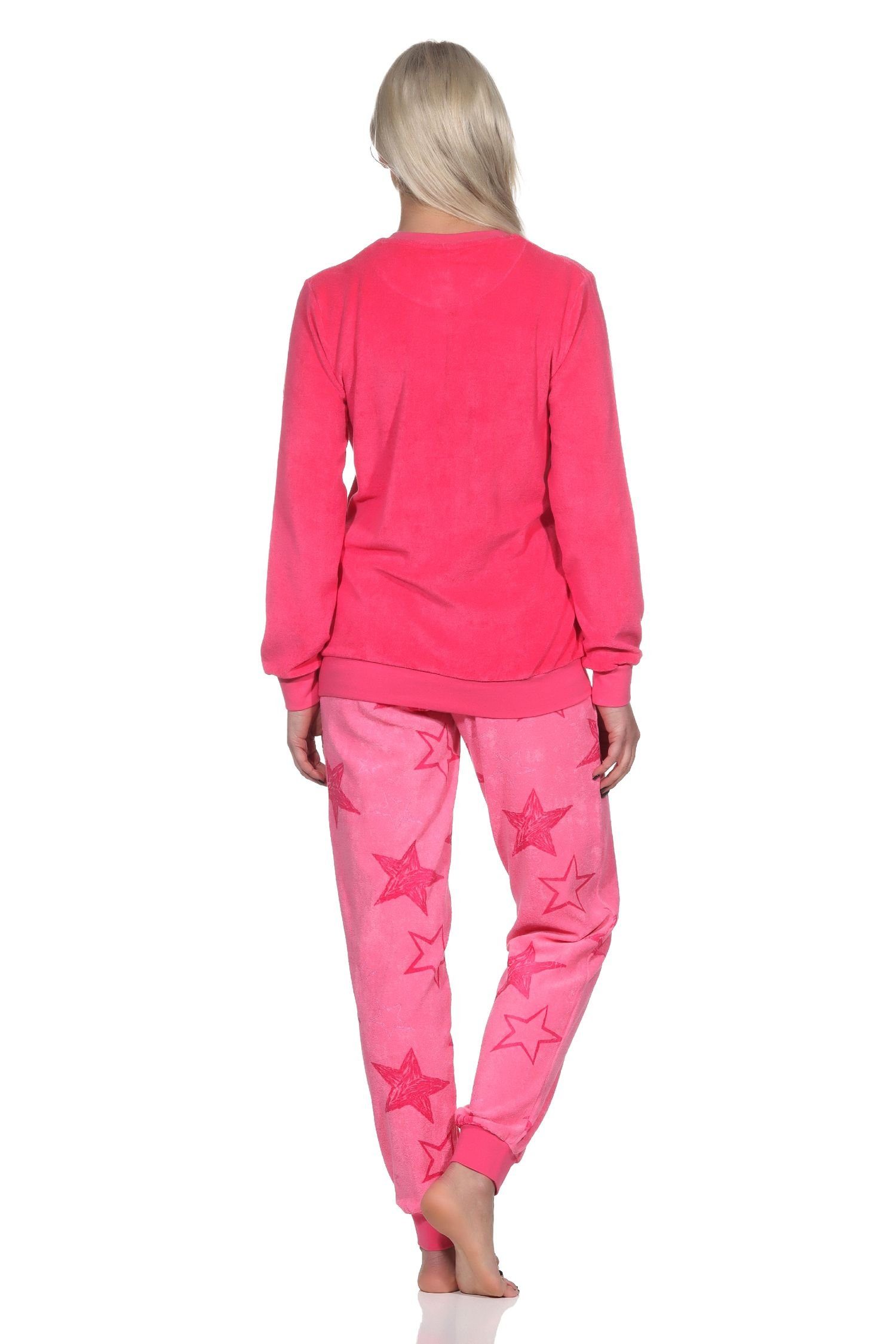 Normann Schlafanzug Optik lang in pink Bündchen Frottee Pyjama Normann mit Damen Sterne