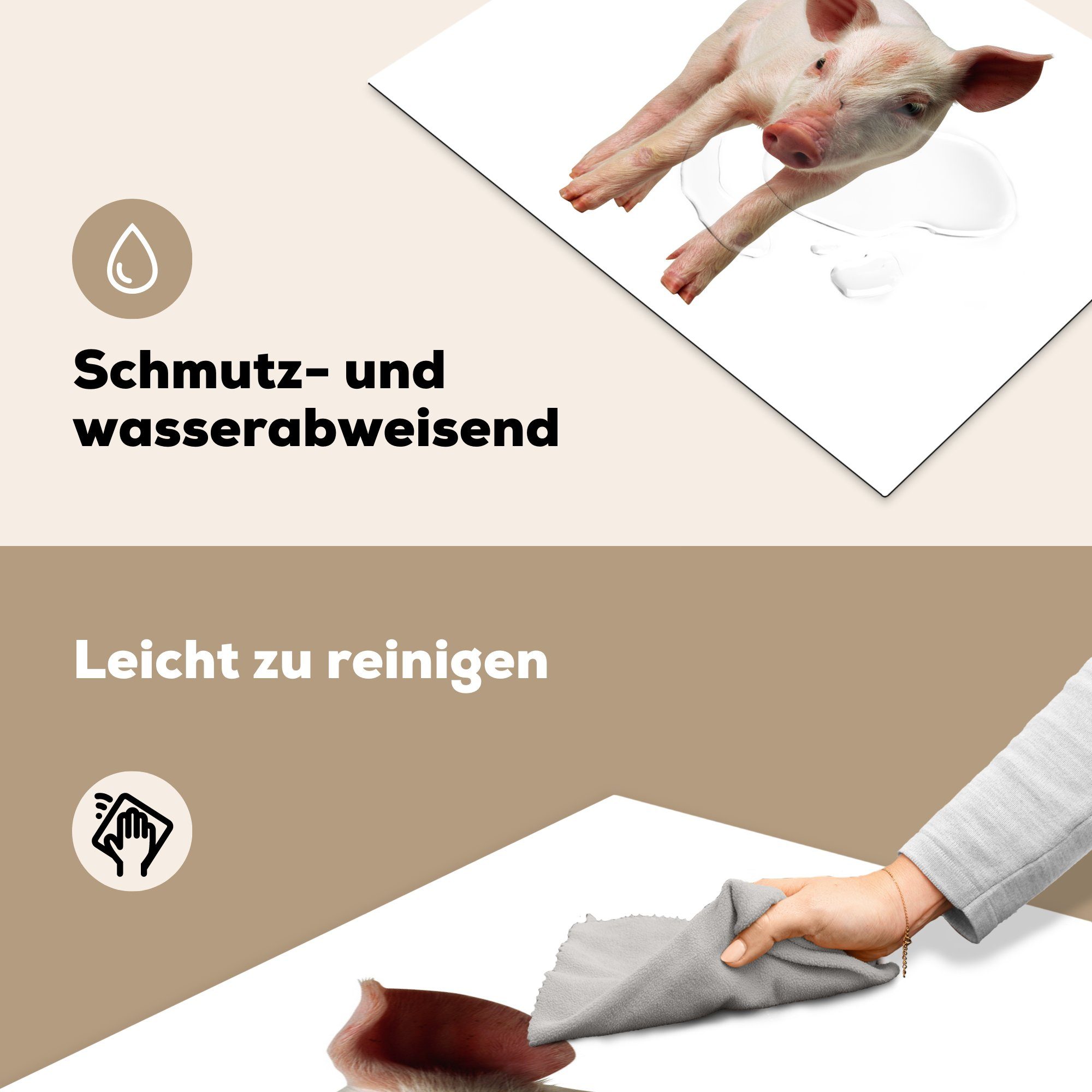 (1 nutzbar, Arbeitsfläche weißem tlg), Ceranfeldabdeckung Hintergrund, MuchoWow Herdblende-/Abdeckplatte Vinyl, auf Neugieriges Mobile 70x52 Ferkel cm,