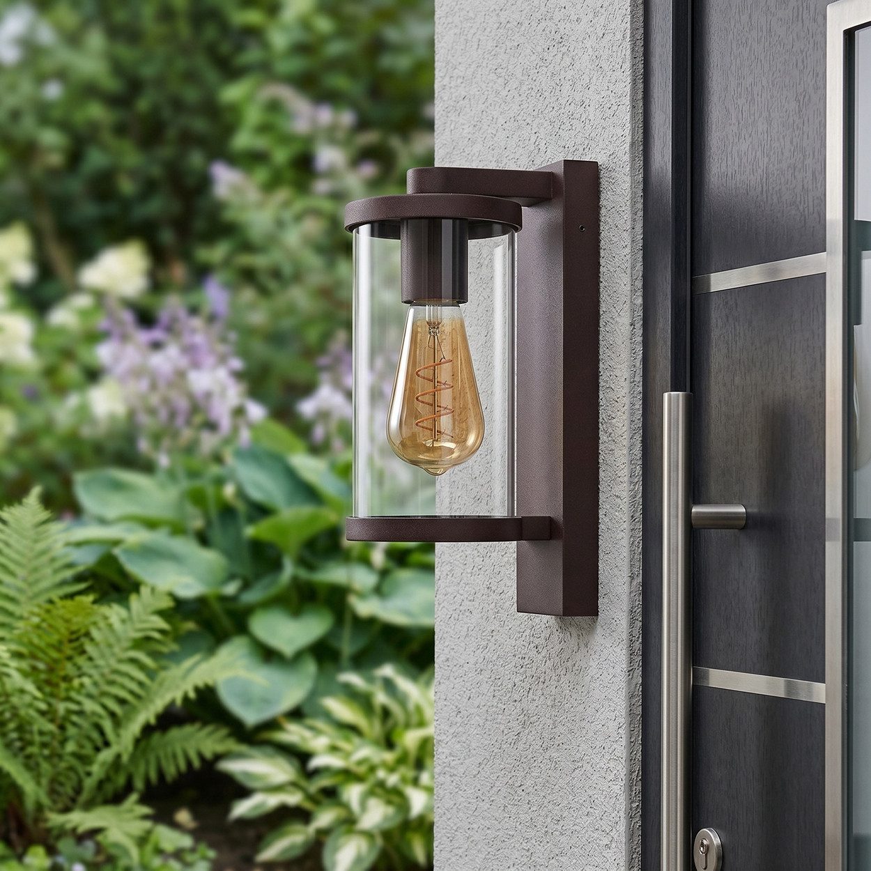 hofstein Außen-Wandleuchte Außenwandlampe mit Bewegungsmelder aus Metall/Glas in Rostfarben/Klar, ohne Leuchtmittel, Wandleuchte außen abwärts im modernen Retro/Vintage-Design, E27, IP44