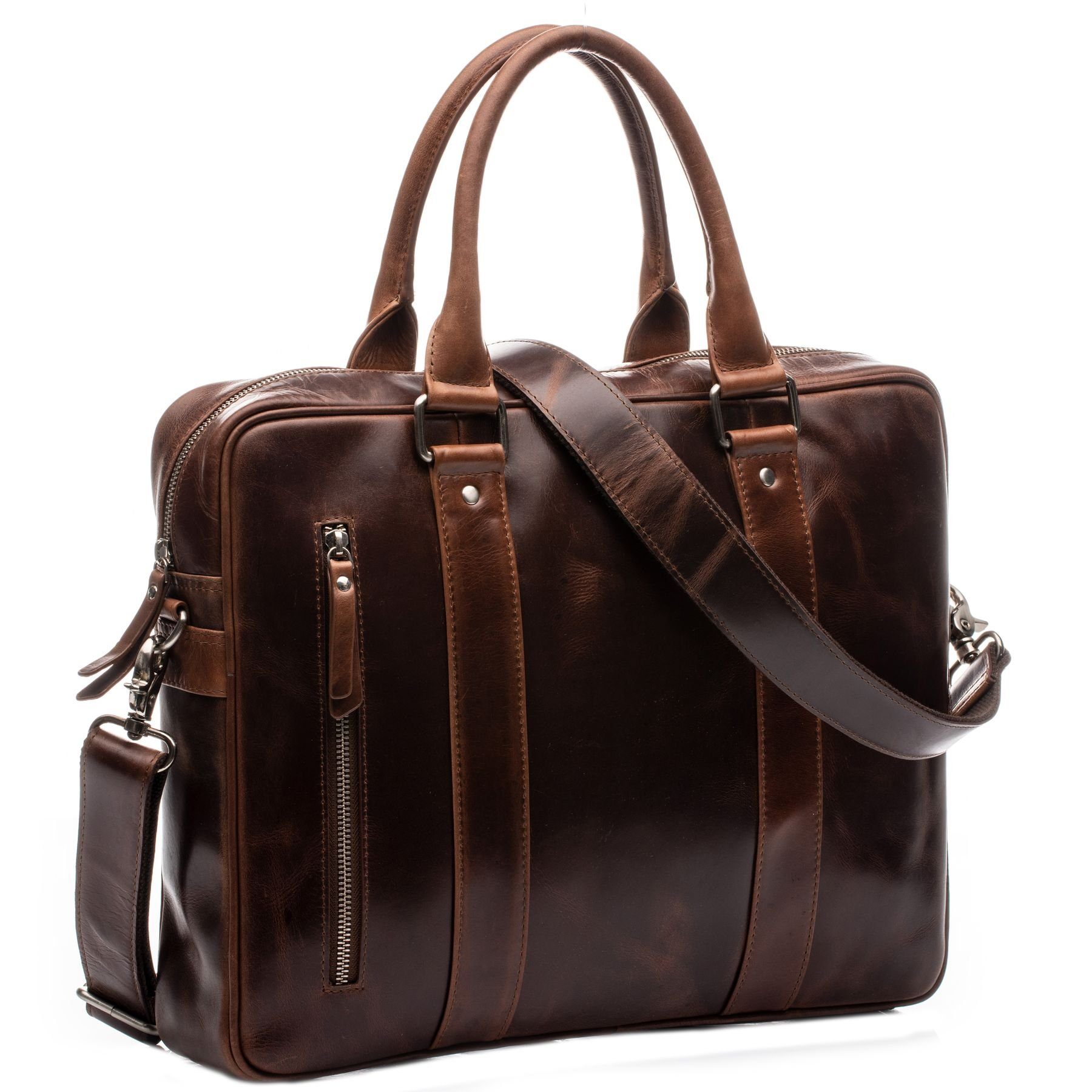 SID & VAIN Laptoptasche echt Leder Aktentasche groß 15 Zoll braun, Laptoptasche 15,4 Zoll echt Leder Unisex, Aktentasche, braun-cognac