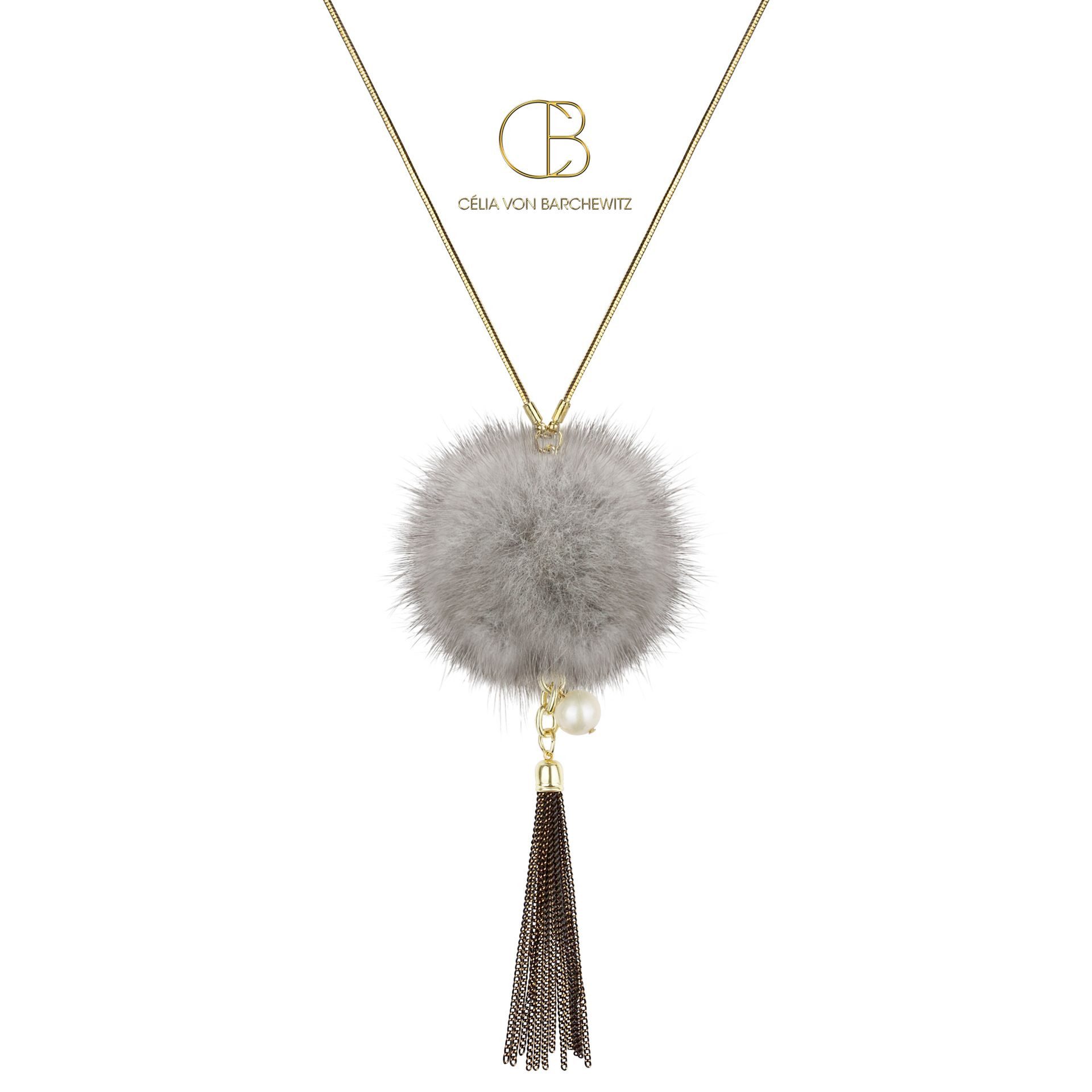 Celia von Barchewitz Kette mit Einhänger Halskette mit Fellpuschel und edler Süßwasser Zuchtperle, Fellpuschel, Quaste
