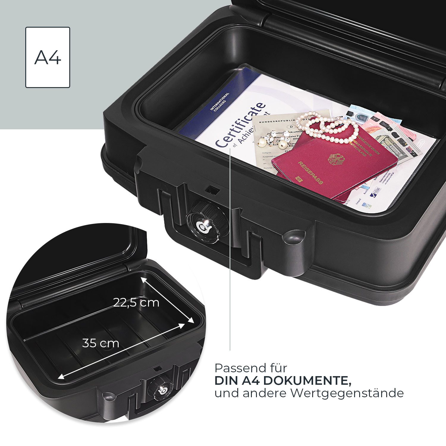 HMF Geldkassette Feuerfeste und wasserdichte Dokumentenkassette, Tresor zum Schutz von Wertsachen, 44,5x16,5x33 cm, DIN A4, schwarz – Bild 3 von 5