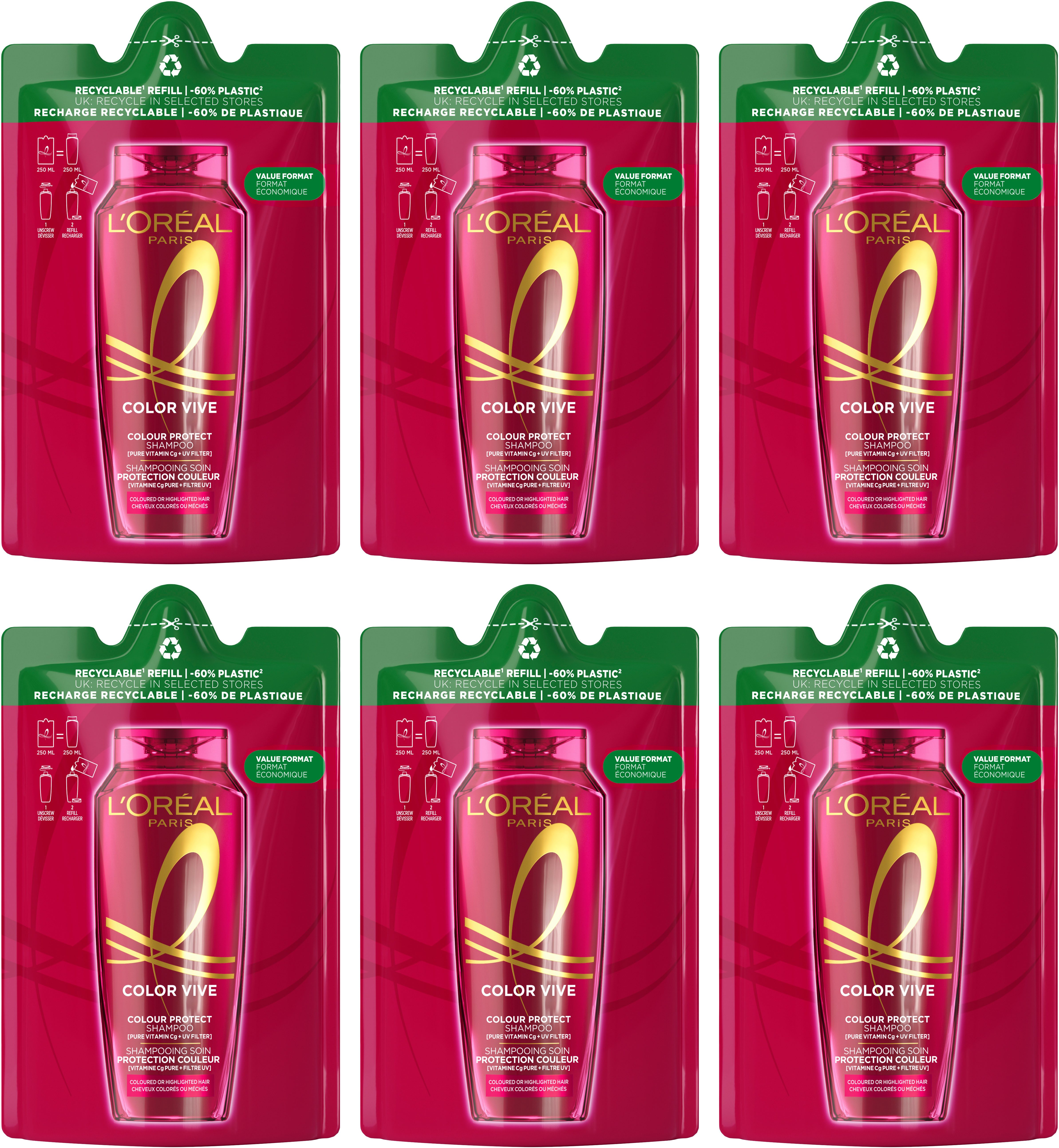 L'ORÉAL PARIS Haarshampoo ELVITAL COLOR GLANZ PFLEGESHAMPOO NP, Packung, 6-tlg.
