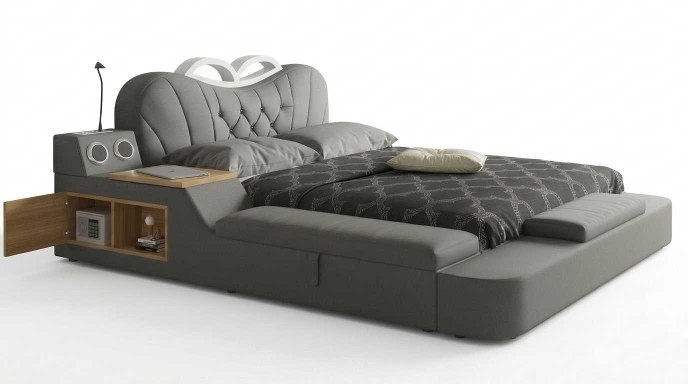 JVmoebel Polsterbett Multifunktionsbett Grau mit gepolstertem Rücken Premium Design, Made in Europa