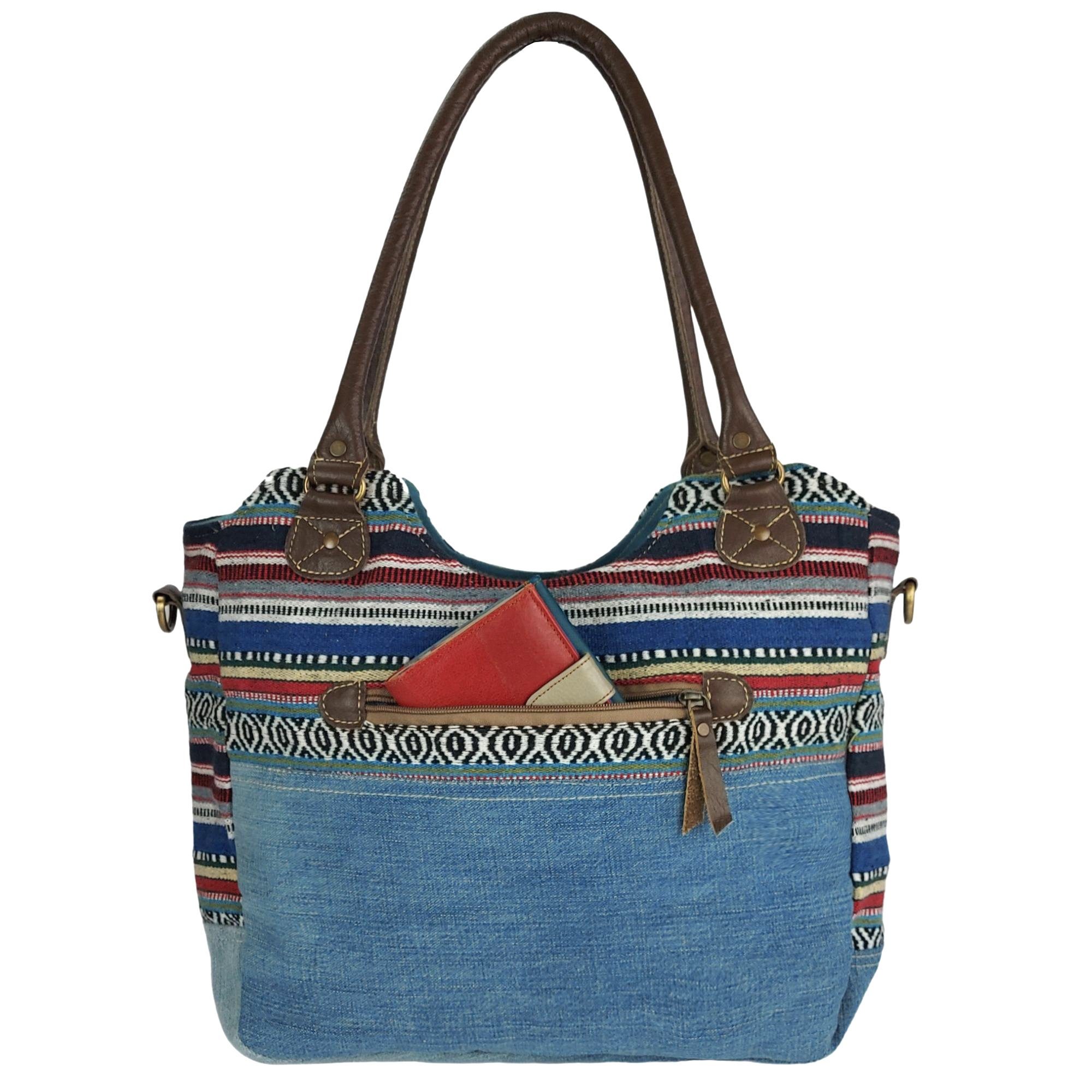 Sunsa Handtasche Schultertasche aus recycelter Jeans Shopper Umhängetasche, echt Leder, Upcycling Jeans, abnehmbare Henkel