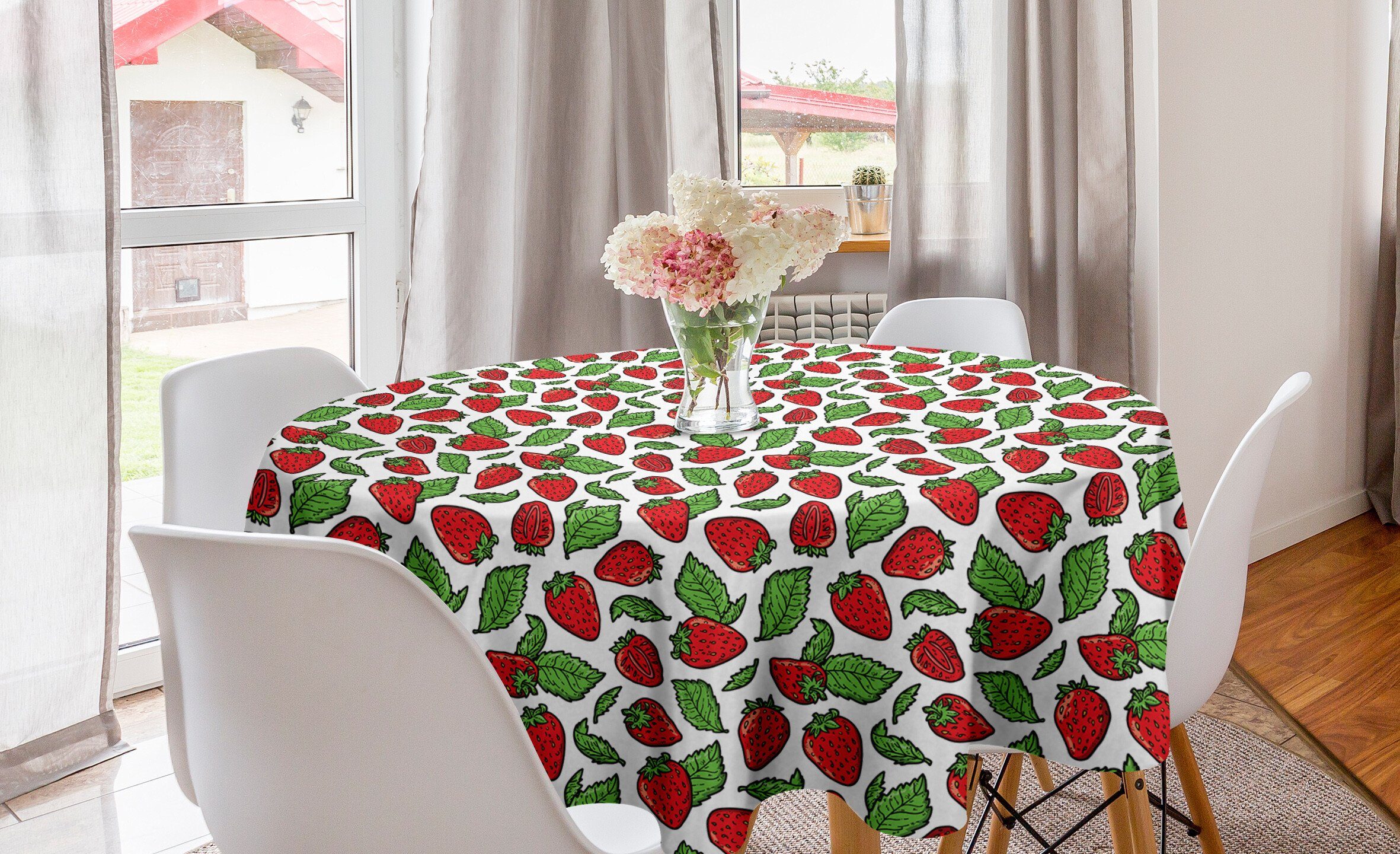 Abakuhaus Tischdecke Kreis Tischdecke Abdeckung für Esszimmer Küche Dekoration, Obst Saftige Erdbeeren Blätter