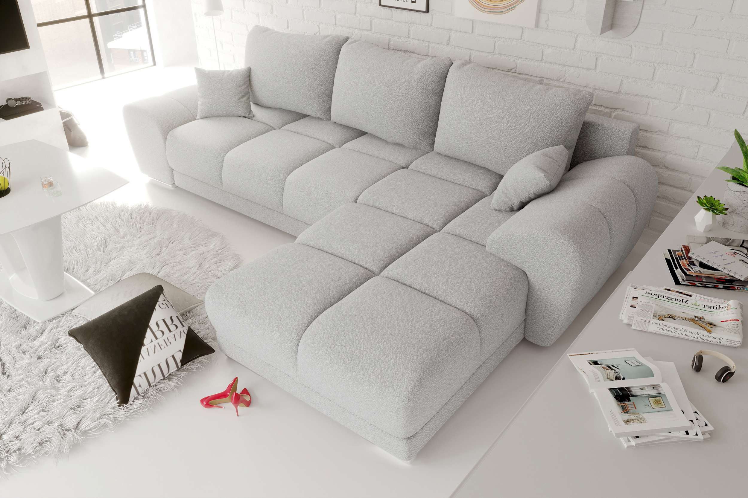 99rooms Ecksofa Antalya, Sofa L-Form, Eckcouch, mit Rückenkissen, Schlaffunktion, Strukturstoff NEVE