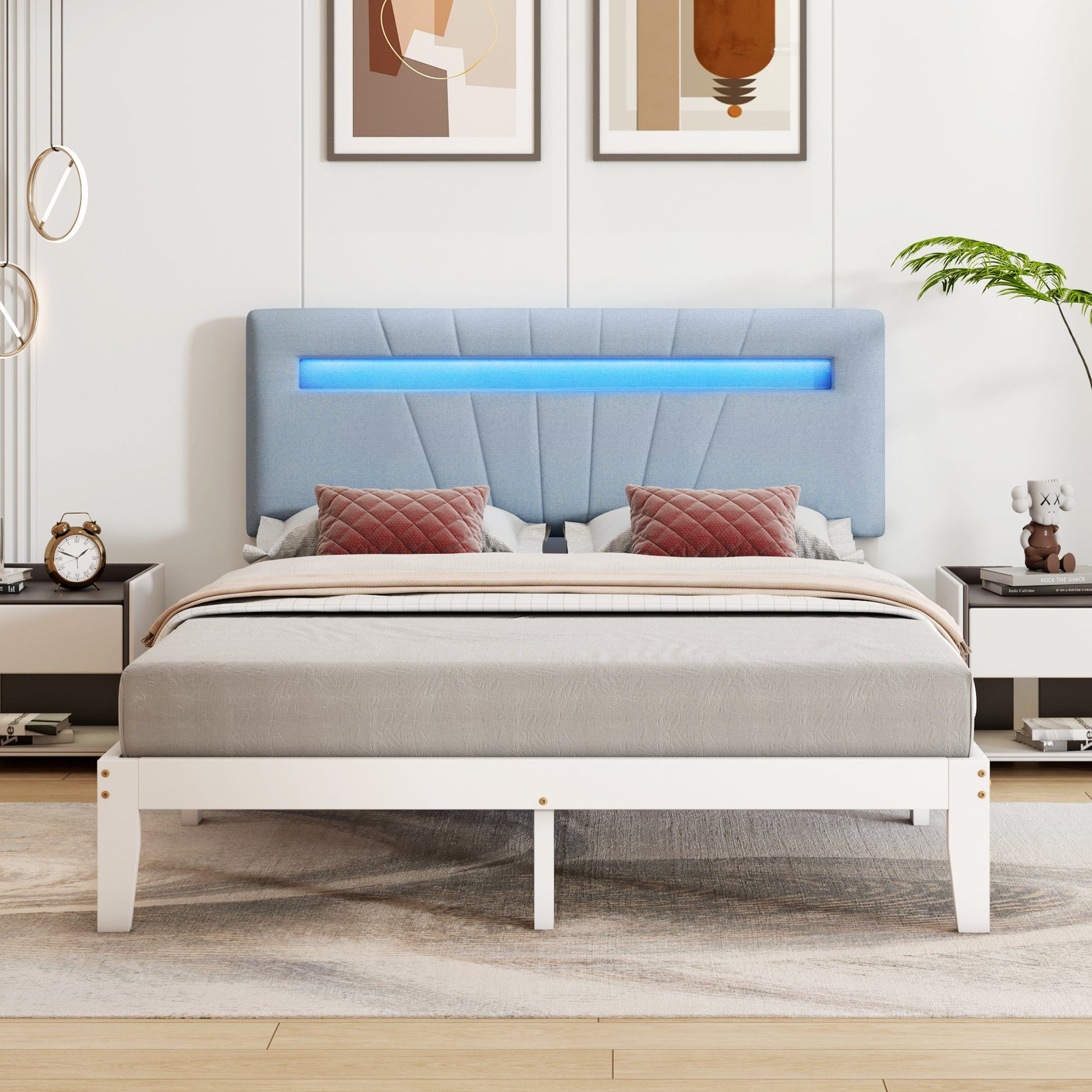 Massivholzbett (Doppelbett Jugendbett), mit LED-Beleuchtung & Polsterkopfteil, 140x200cm