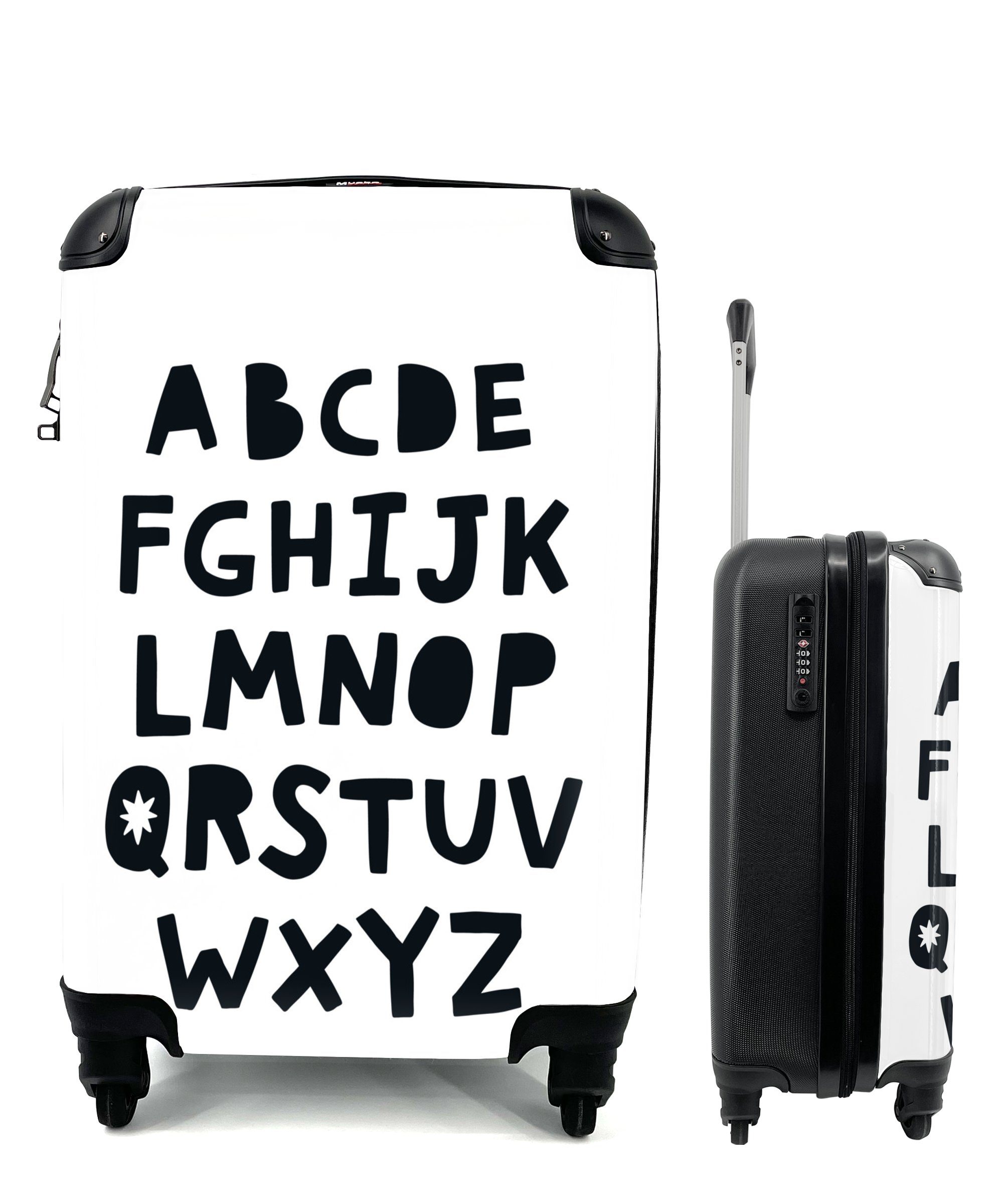 Trolley, MuchoWow Alphabet Reisekoffer 4 Schwarz für Mädchen - Jungen Kinder, Baby Kinder - Ferien, mit Handgepäck - Handgepäckkoffer - - rollen, Weiß - Reisetasche - Rollen,