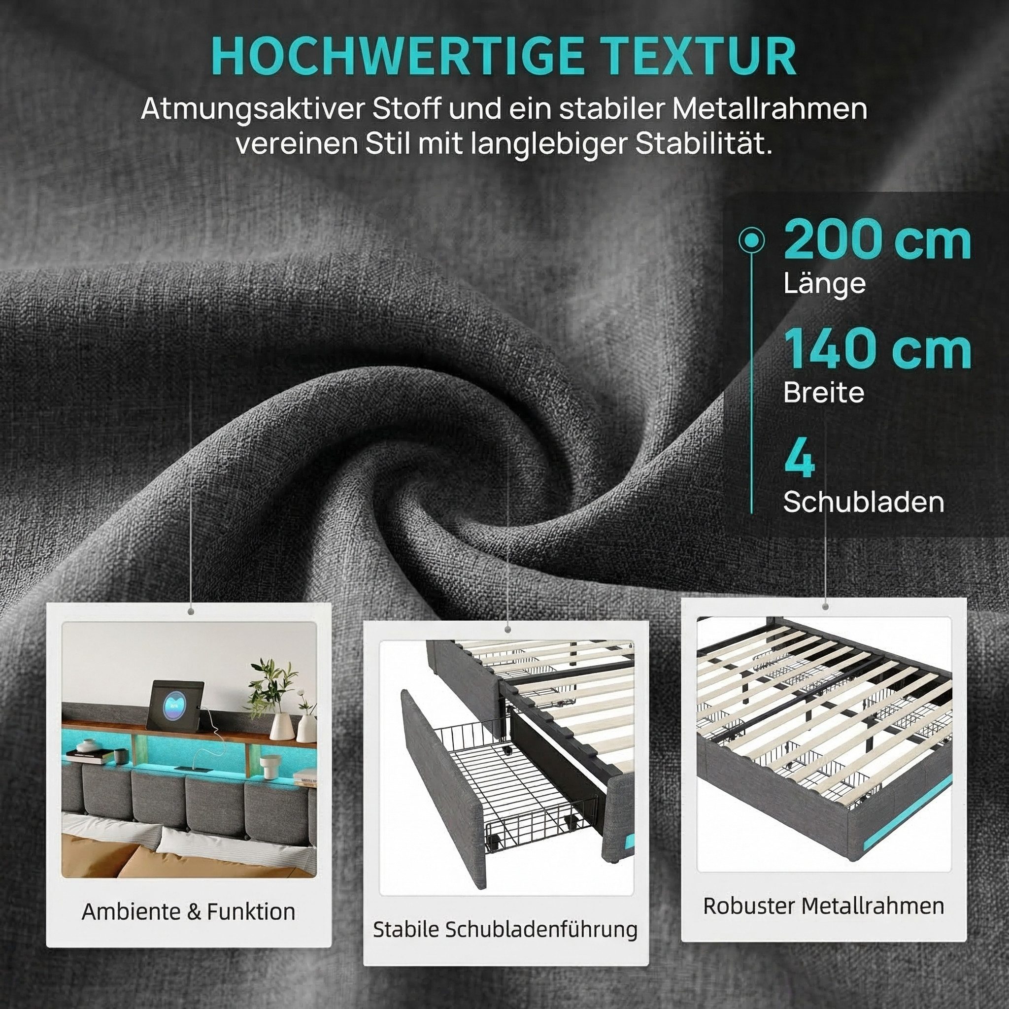 PXloue Polsterbett LED Doppelbett Stauraumbett, mit USB-Laden und Stauraum am Kopfteil,Leinen,140x200 cm – Bild 5 von 5