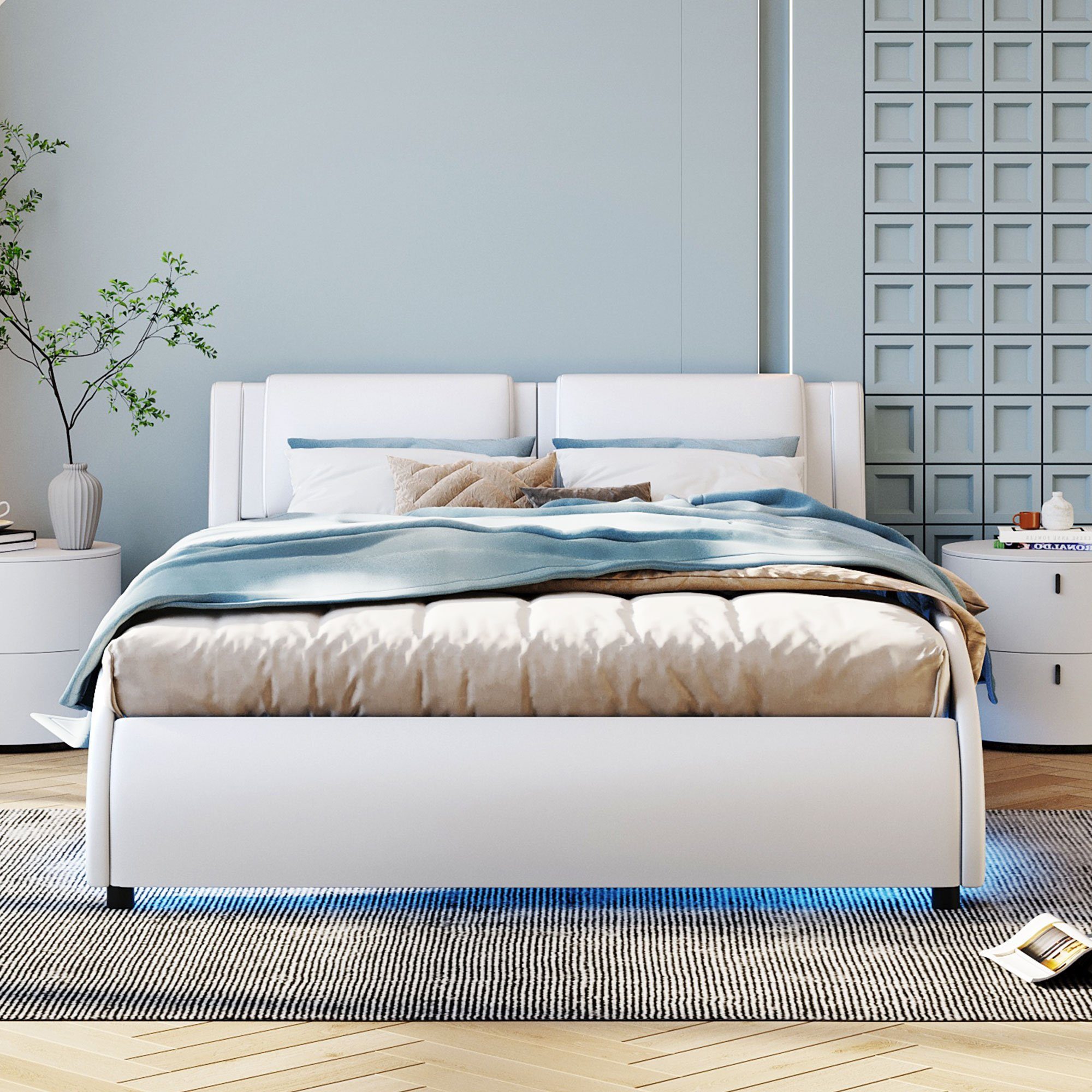 REDOM mit (Kunstlederbett mit Polsterbett Weiß Matratze Lattenrosten Kinderbett, Funktionsbett 140*200cm), Bett Doppelbett LED-Lichtbettgestell ohne