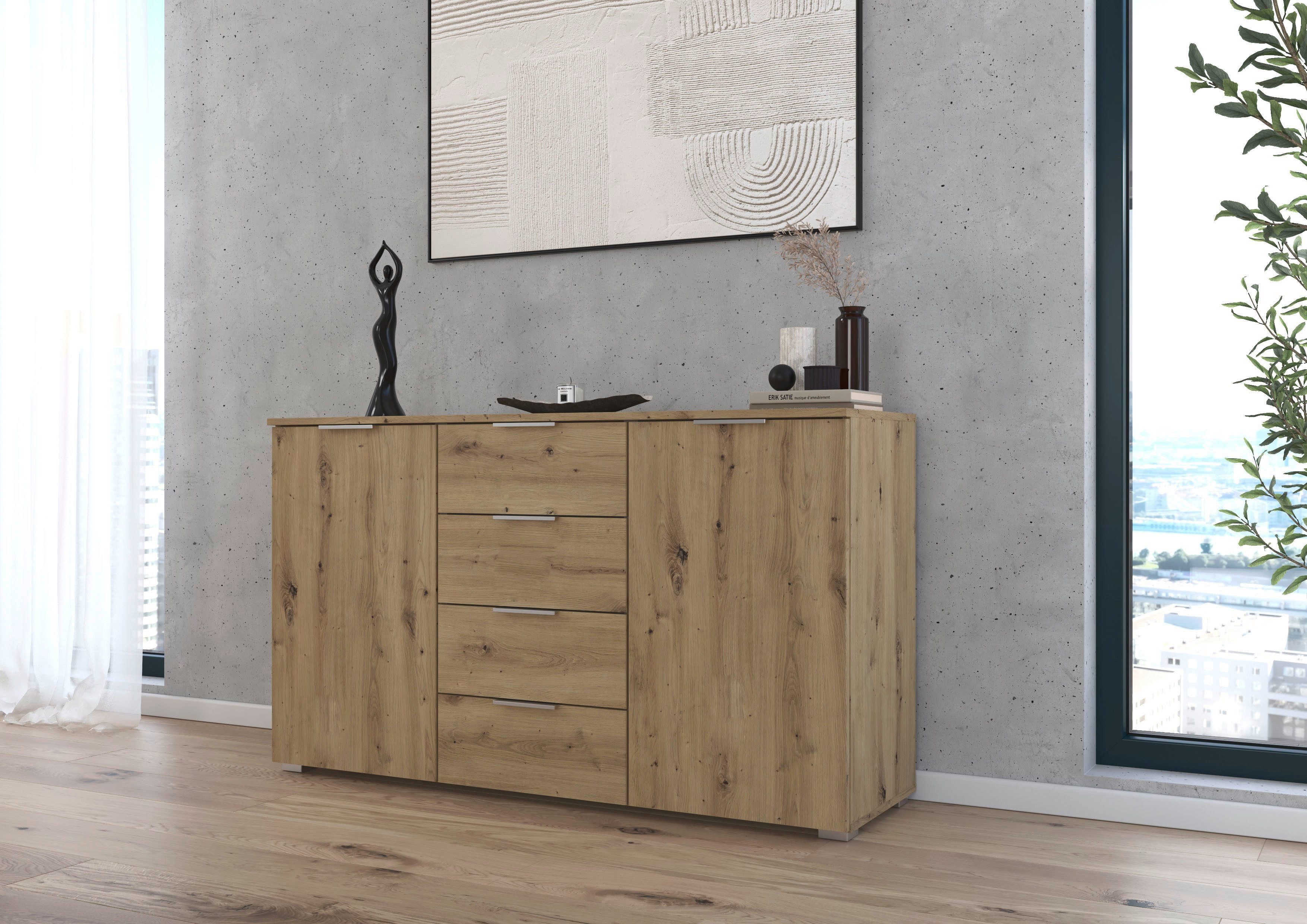 OTTO home Kombikommode Sideboard Schubladenkommode AGORDO mit Dekor- oder Hochglanzfront (in zwei Griff-Farben, Breite 120 cm), vier große Schubladen, mit insgesamt 4 Einlegeböden MADE IN GERMANY