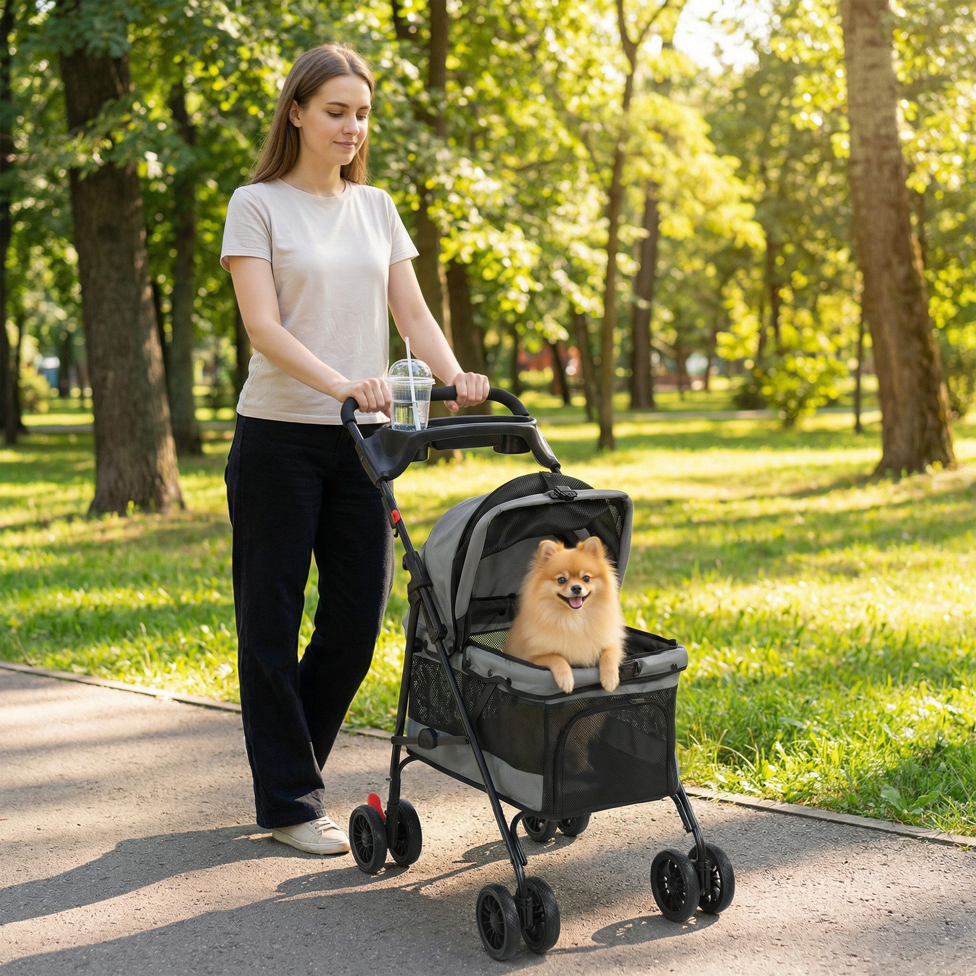 PawHut Hundebuggy Faltbar Katzenwagen mit Kissen, Netzfenstern, Getränkehalter, (Hundewagen, 1-tlg), für kleine Hunde und Katzen bis 10kg, Grau