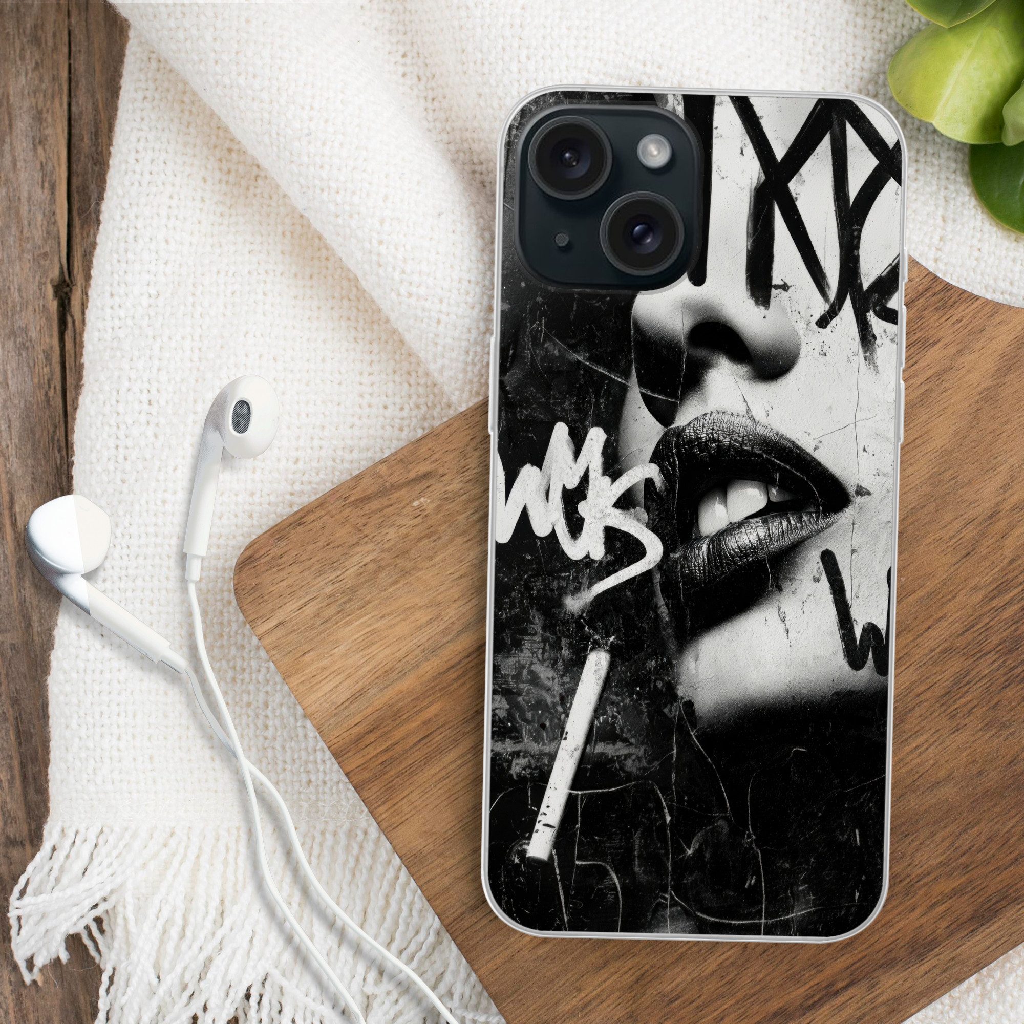 MuchoWow Handyhülle für Apple iPhone 15 Gesicht - Mund - Graffiti - Schwarz, Smartphone-Bumper, Print, Handy Schutzhülle Dünn