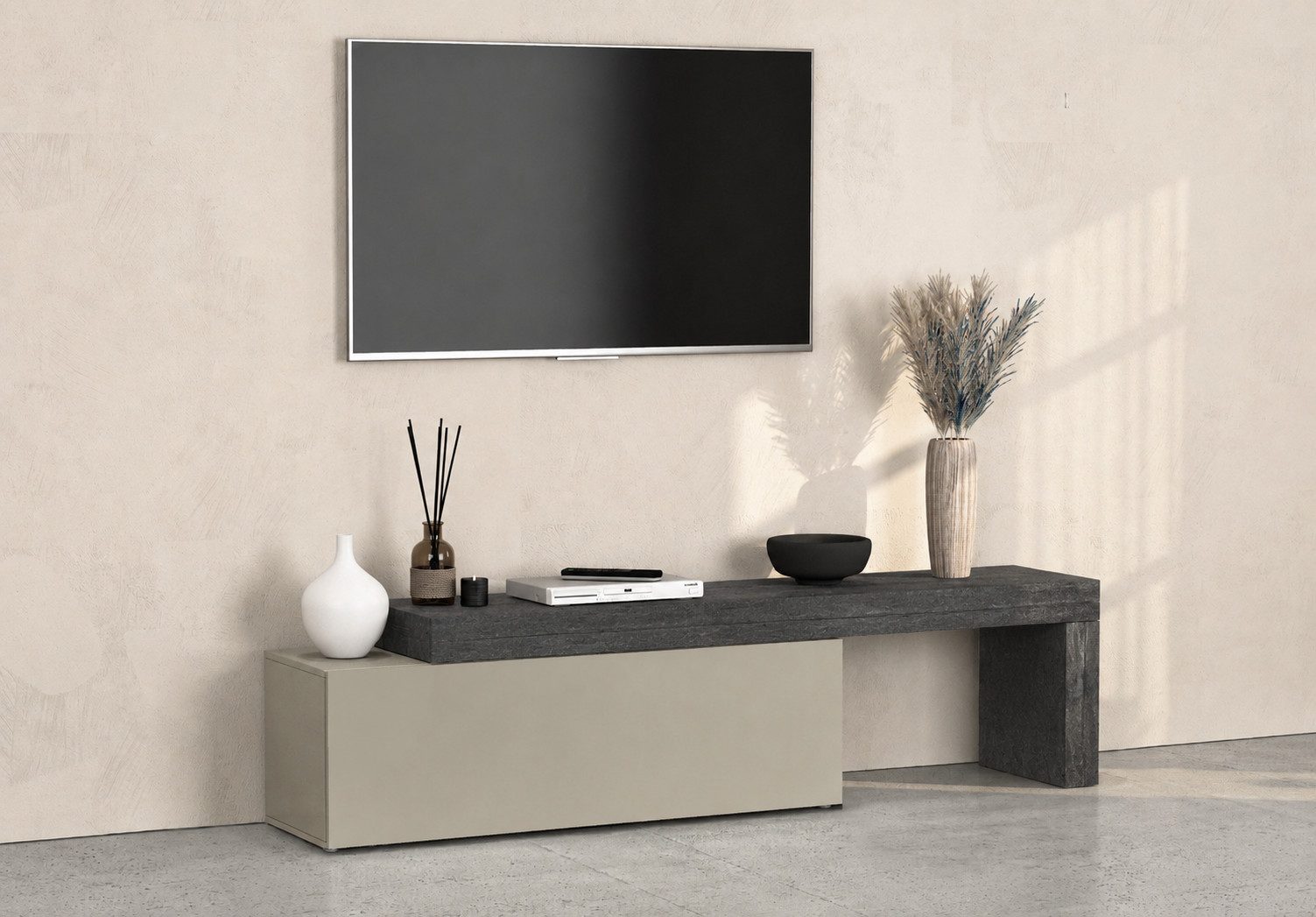 OTTO home Lowboard Lowboard Chronos TV-Board, TV-Schrank (Spar-Set, 1 St., Breite verstellbar von 180 bis 290 cm), 1 St., TV-Lowboard 240 cm, 1 Klappe, L-Aufsatz, Breite 180-290 cm