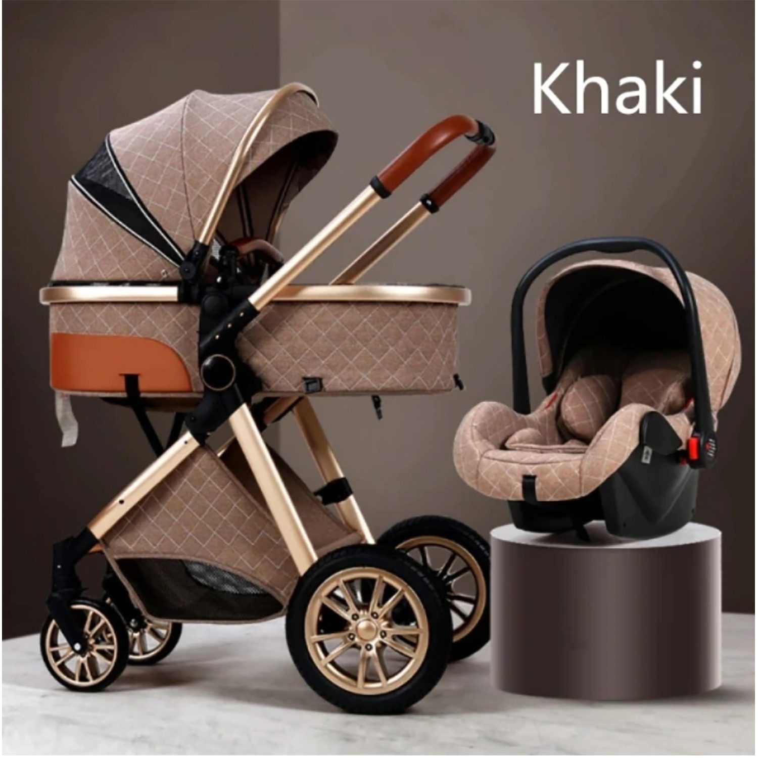 TPFLiving Kombi-Kinderwagen Babyschale Baby Buggy Babywanne Windeltasche, Moskitonetz Regenschutz Kinderwagen 3 in 1 inkl. gZubehörset Braun