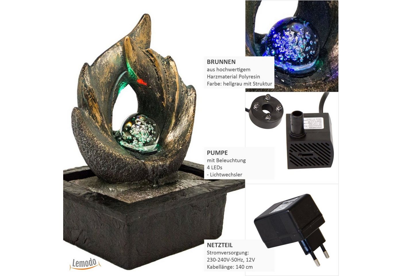 Thumbnail - Lemodo Zimmerbrunnen Tischbrunnen mit drehender Kugel und Beleuchtung, mit LED Beleuchtung, drehende Glaskugel