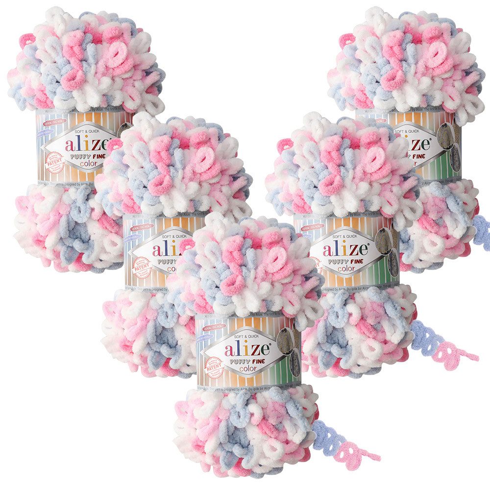 Alize 5 x ALIZE Puffy Fine Color Häkelwolle, 14,6 m (500 Meter), Deckengarn, Fingerstrick-Wolle,Chenillegarn, Kuschelweich, Babywolle