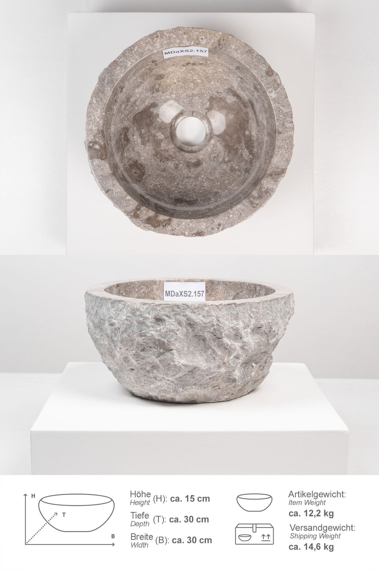 wohnfreuden Aufsatzwaschbecken Erosi Marmor Waschbecken 30 cm grau (Kein Set), 39334_MDaXS2.157