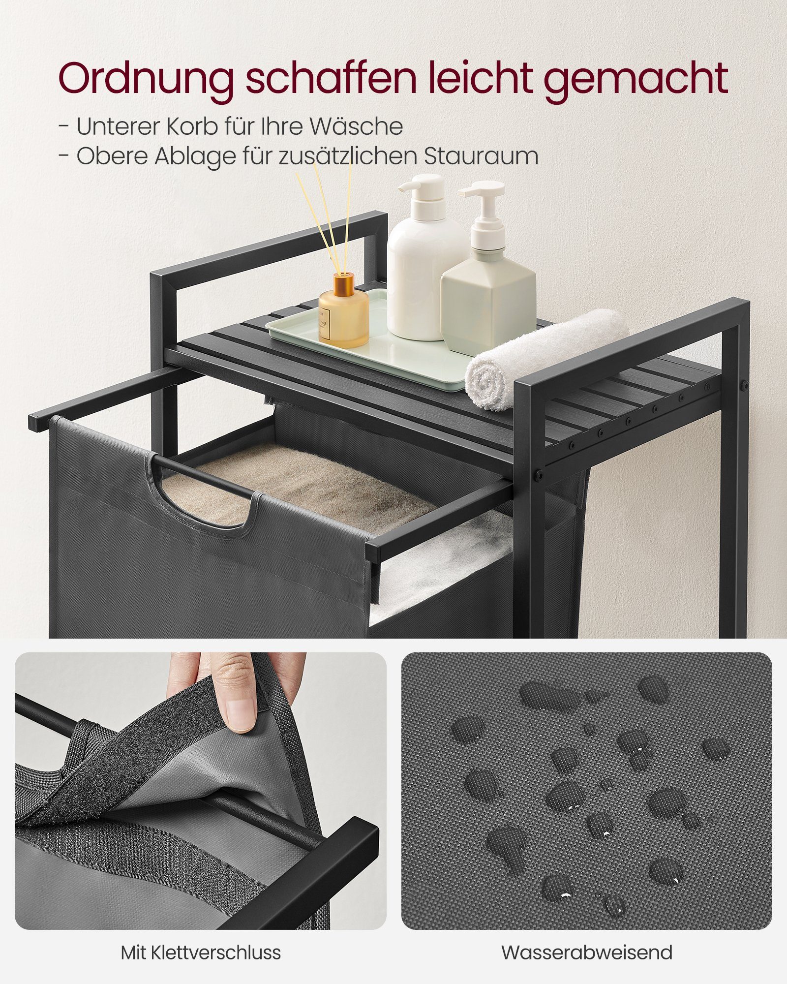 VASAGLE Wäschekorb Wäschesammler mit Ablage, Wäschesack abnehmbar, 65 L, 50 x 33 x 72 cm, Wäschebox, Metallrahmen, schwarz-grau – Bild 4 von 5
