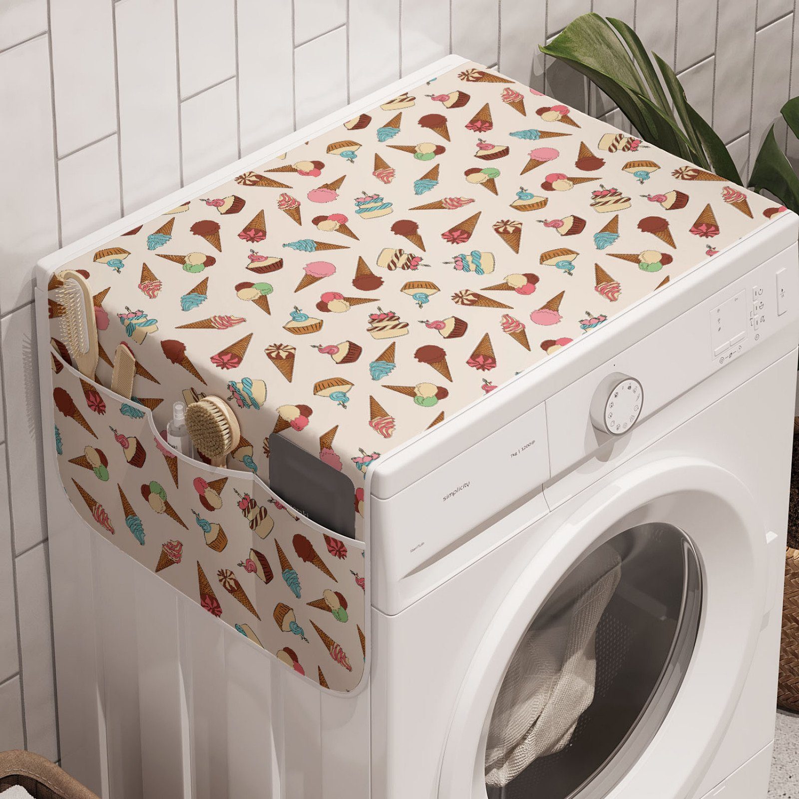 Abakuhaus Badorganizer Anti-Rutsch-Stoffabdeckung für Waschmaschine und Trockner, Dessert Eis und Kuchen Muster