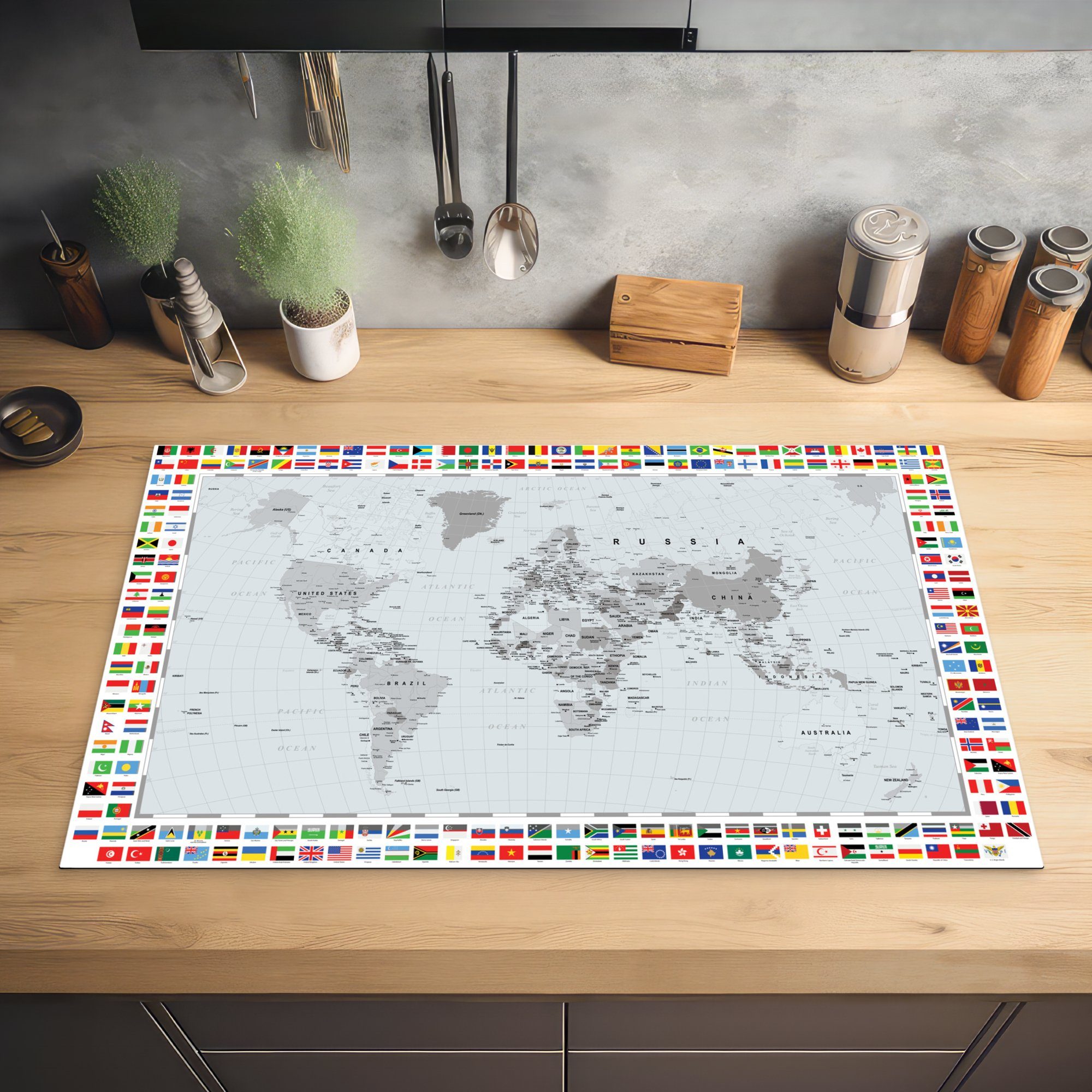 Weltkarte - für küche cm, Herdblende-/Abdeckplatte - tlg), (1 83x51 MuchoWow Schwarz Vinyl, Arbeitsplatte - Ceranfeldabdeckung, Weiß, Flagge
