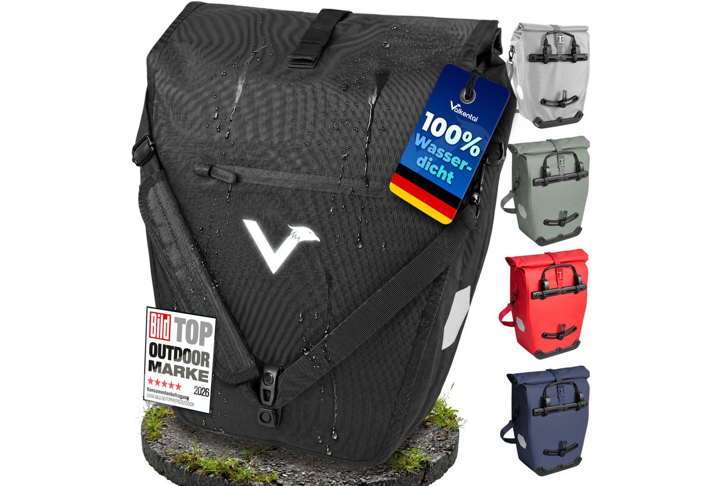 Valkental Fahrradtasche Gepäckträgertasche mit Umhängeschlauf, 2in1 wasserdicht, mit Rolltop Verschluss & Laptopfach 28L