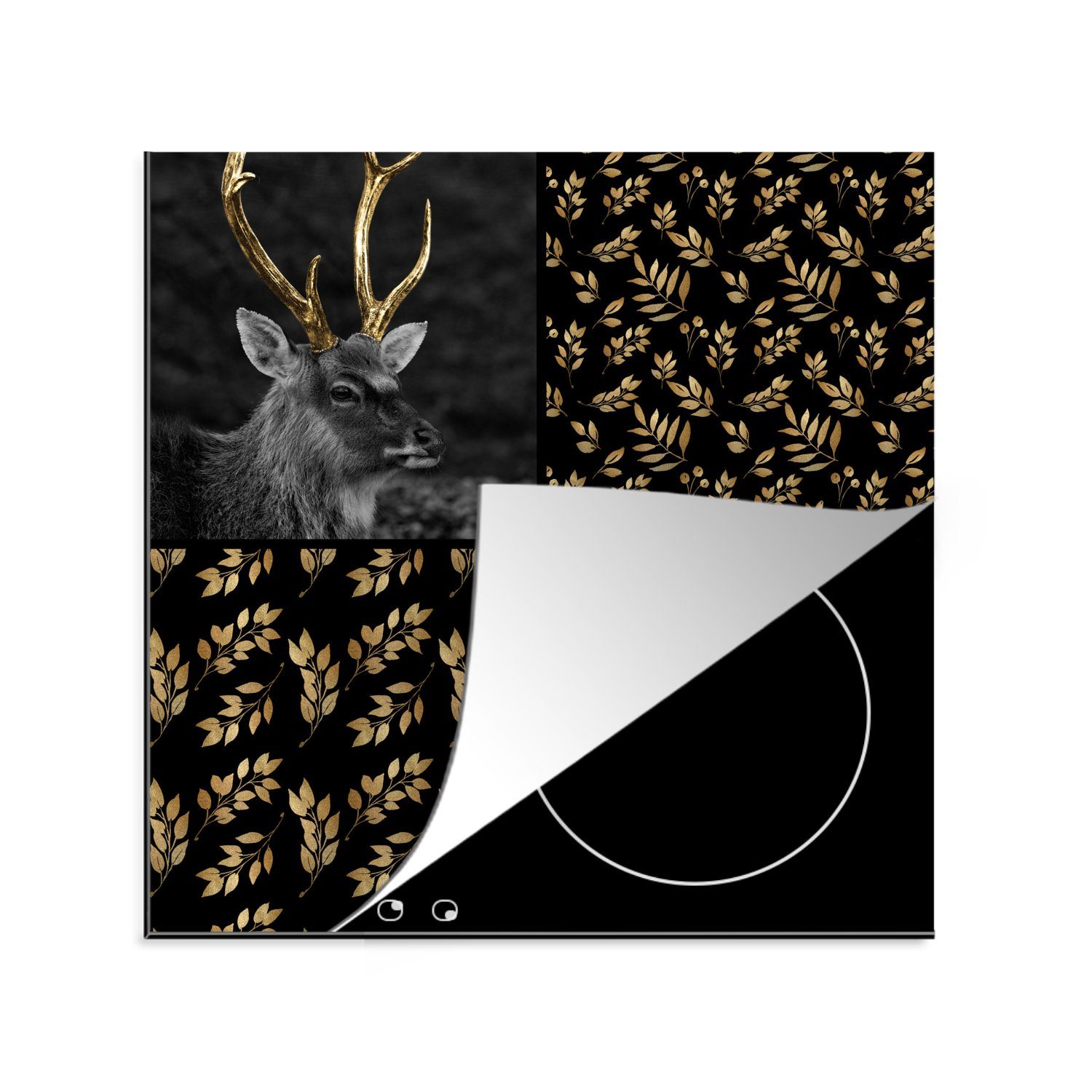 MuchoWow Herdblende-/Abdeckplatte Collage - Tiere - Blätter - Gold, Vinyl, (1 tlg), 78x78 cm, Ceranfeldabdeckung, Arbeitsplatte für küche