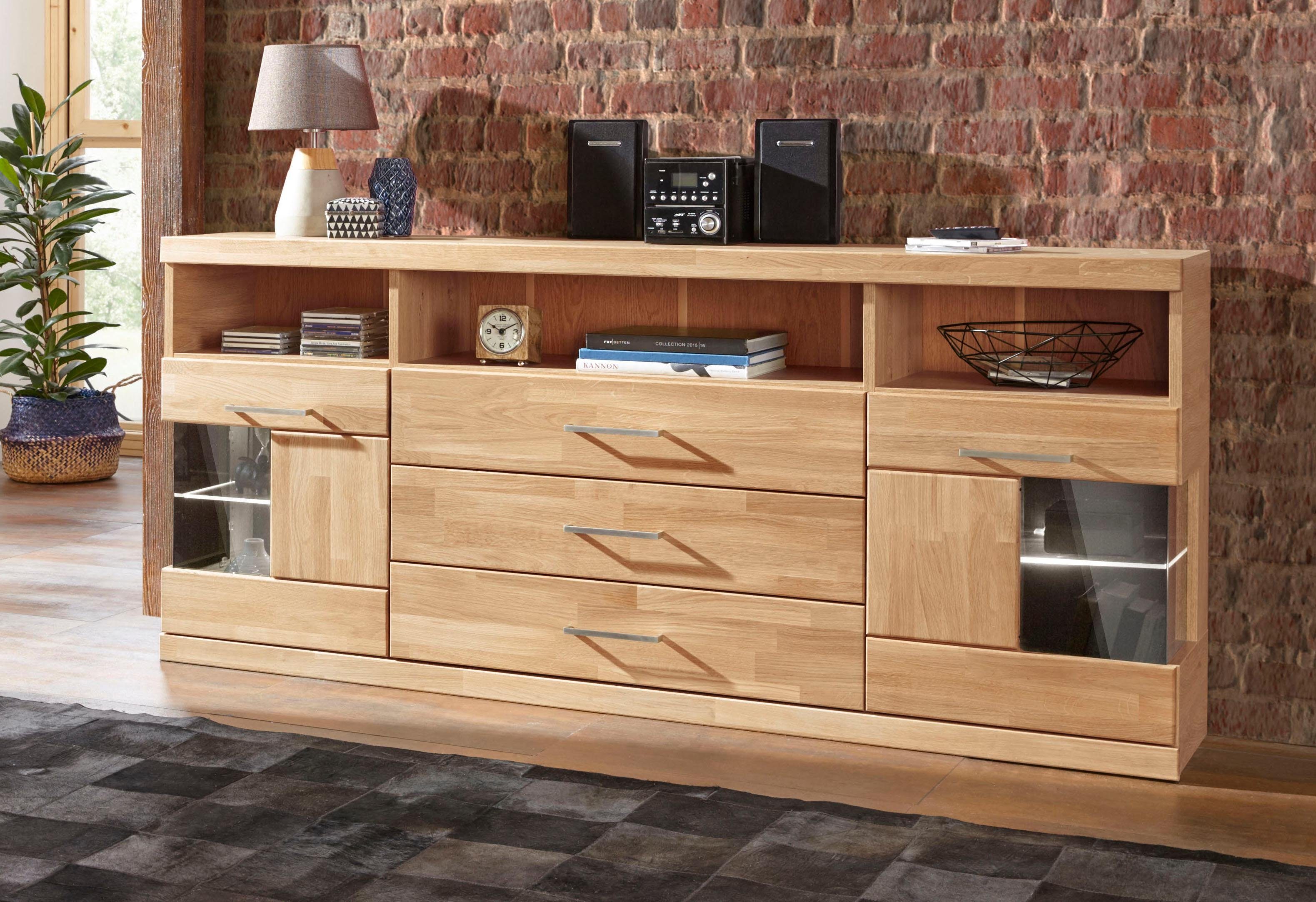 OTTO home Sideboard Ribe,180cm breit, Fronten Massivholz,7 Fächer,Böden versetzbar, Korpus Holzwerkstoff,Türen mit Glaseinsatz,3 breite Schubladen