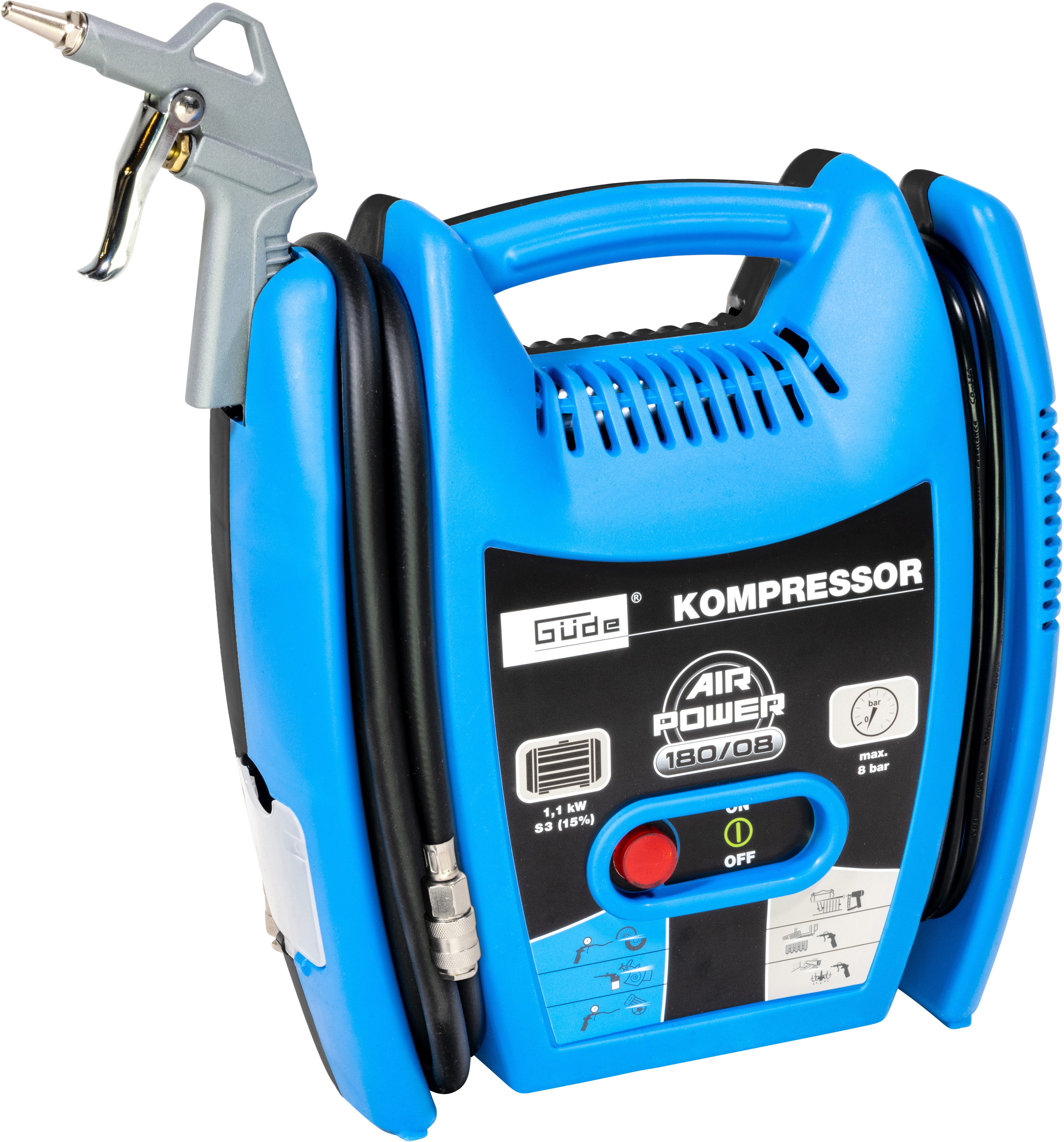 Güde Kompressor Airpower 180/08, 1100 W, max. 8 bar, 6-tlg., leichter & handlicher Kompressor inkl. umfangreichem Zubehörpaket