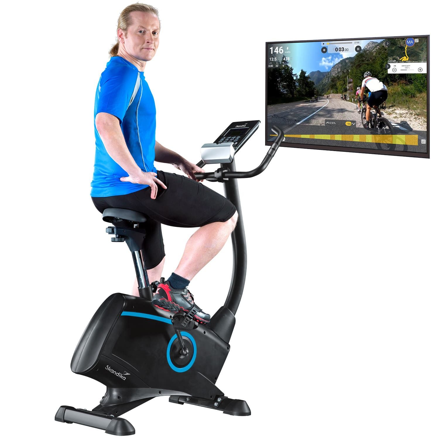 Skandika Ergometer Cardio Bike Atlantis Heimtrainer mit App Steuerung, Bluetooth, 10kg Schwungmasse, Pulsmessung, 32 Stufen, geräuscharm Transportrollen