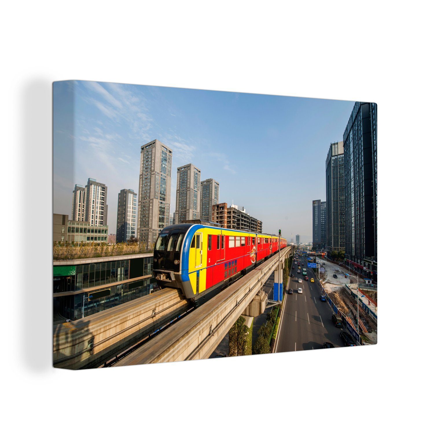 OneMillionCanvasses® Leinwandbild Farbiger Zug im chinesischen Chongqing, (1 St), Wandbild Leinwandbilder, Aufhängefertig, Wanddeko, 30x20 cm